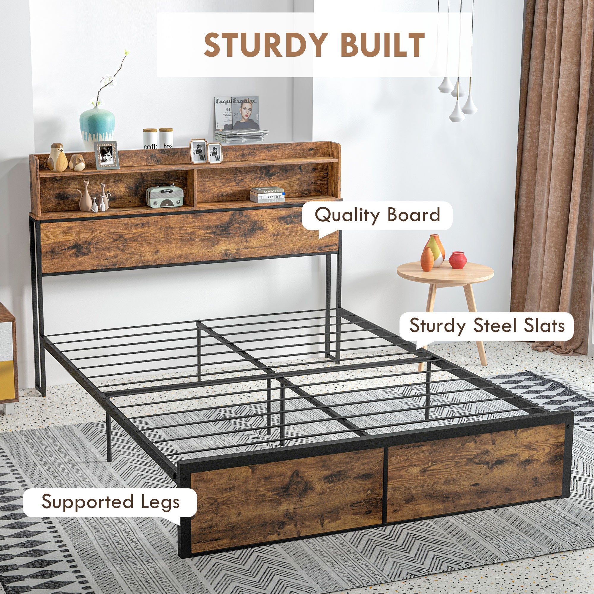 HOMCOM Industrial King Bed Frame, 5.2FT Steel Bed Base with Storage Headboard, Footboard, Slatted Support and Under Bed Storage, 158 x 222cm, Rustic Brown - North Peak Garden Furniture