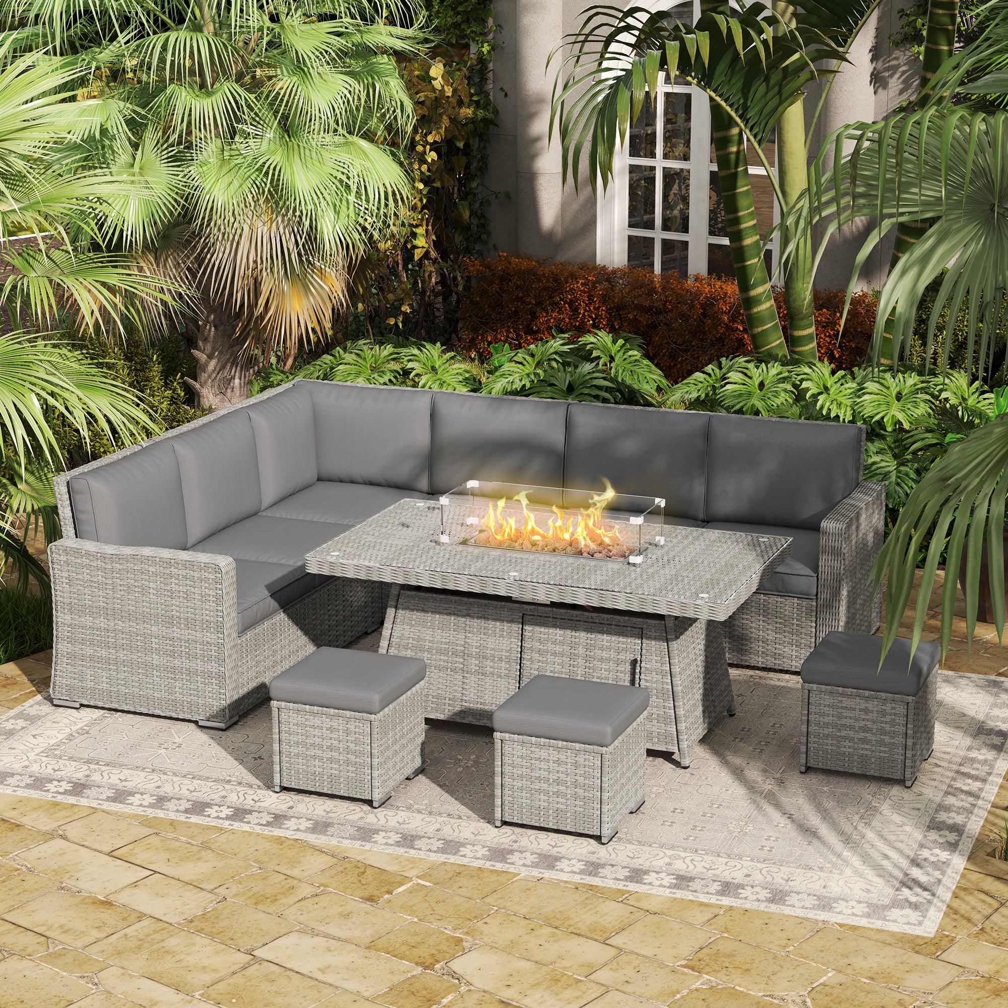 Outsunny 7 Pieces PE Rattan Garden Furniture Set, 50,000 BTU Gas Fire Pit Table, Double Corner Sofa and 3 Footstools, 6 Seater Furniture Sofa Sets with Cushions for Conservatory, Grey