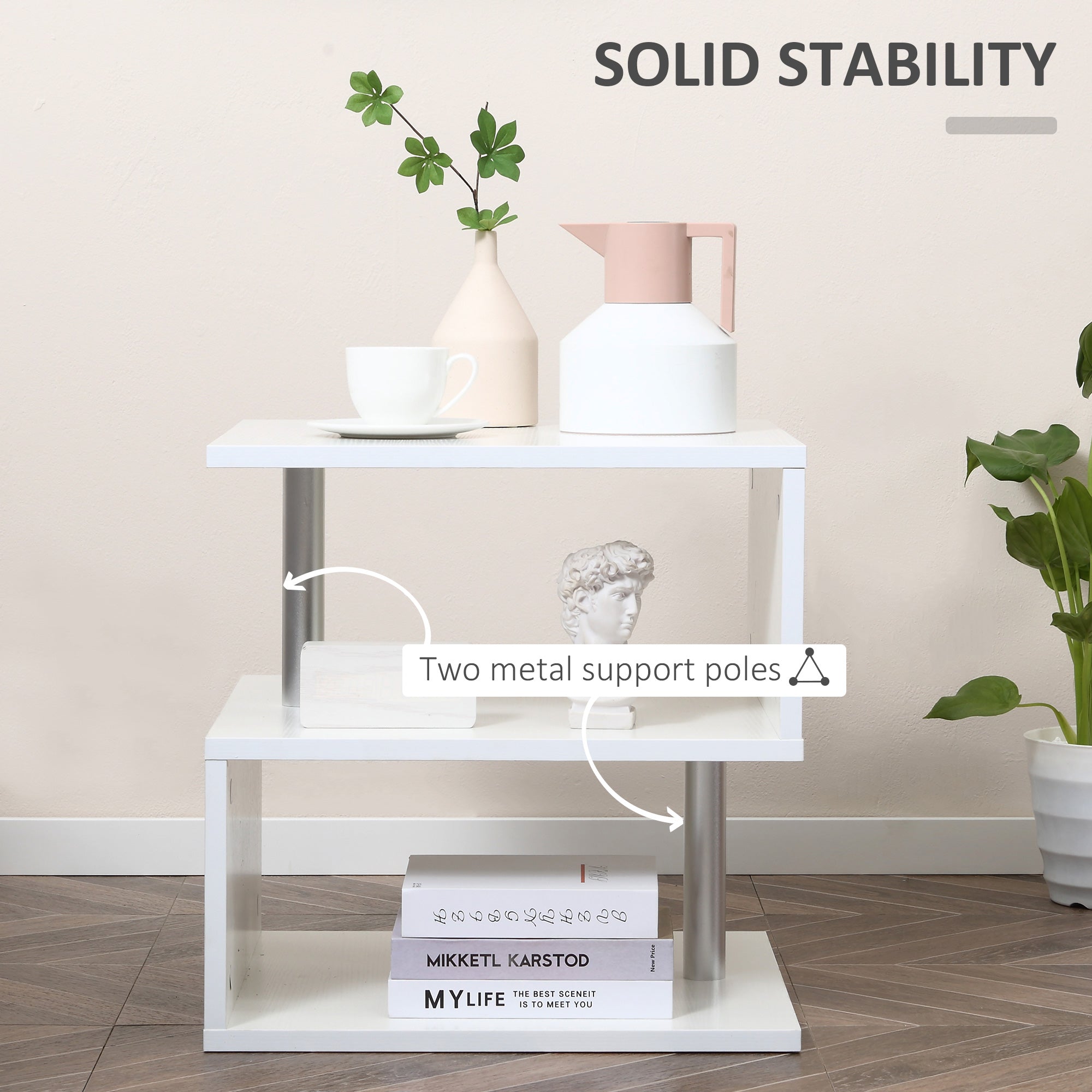 HOMCOM Wooden S Shape Cube Coffee Table 2 Tier Storage Shelves Organizer Office Bookcase Living Room End Desk Stand Display (White) - North Peak Garden Furniture