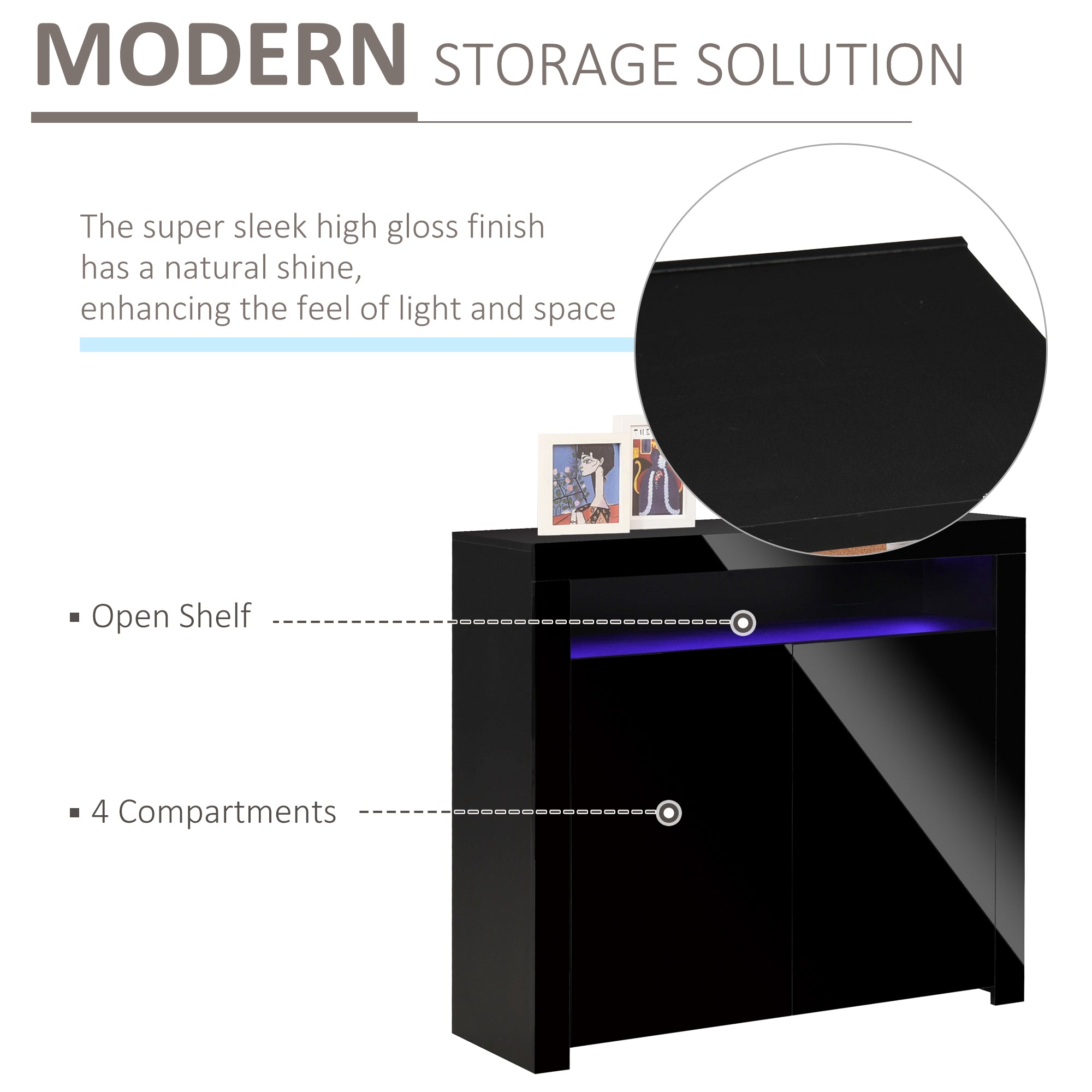 HOMCOM LED Storage Cabinet, Cupboard with High Gloss Front and RGB Lighting, Modern Sideboard for Entryway, Dining Area, Living Room, Black - North Peak Garden Furniture
