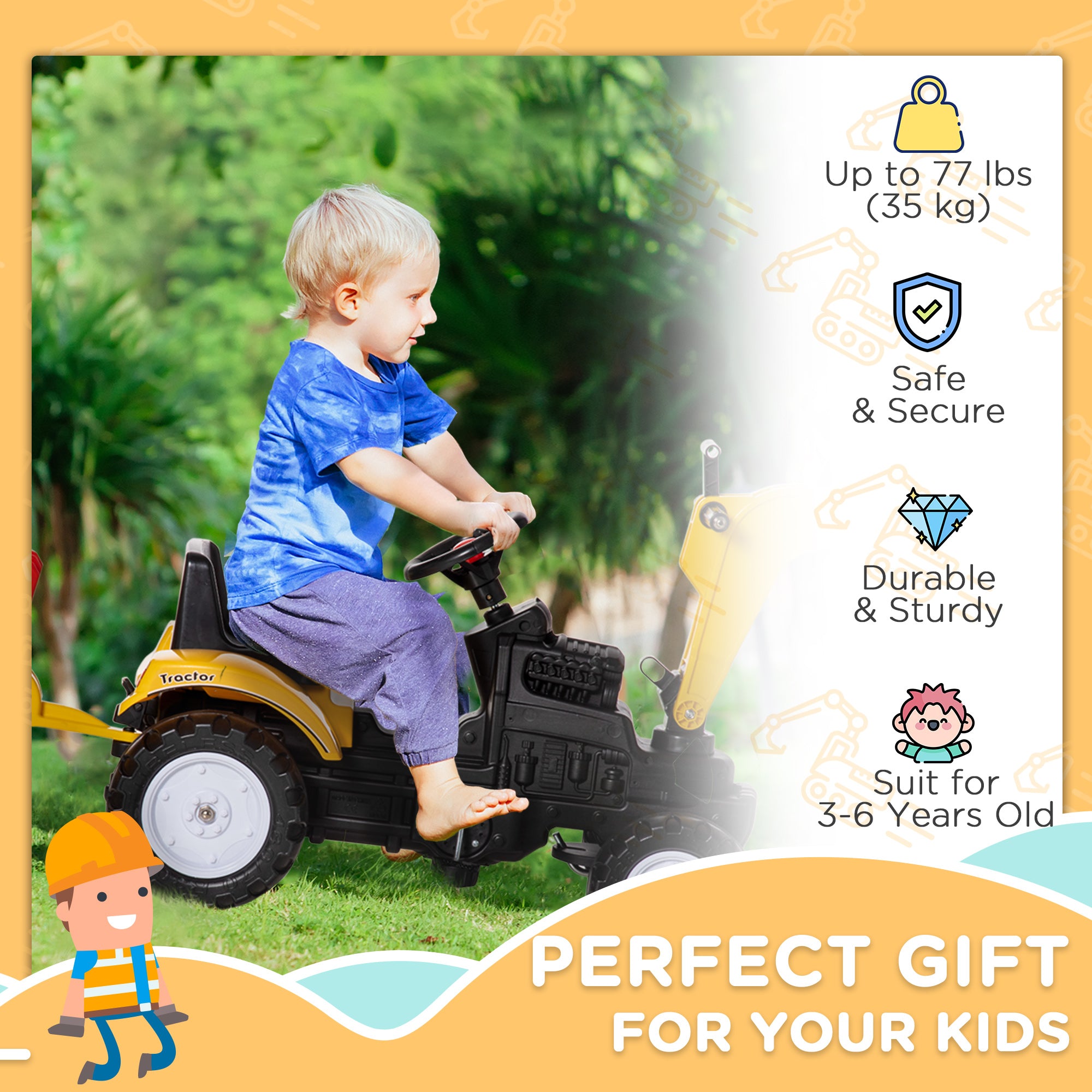 HOMCOM Kids Ride-On Construction Car, with Horn and Detachable Trailer - Yellow - North Peak Garden Furniture