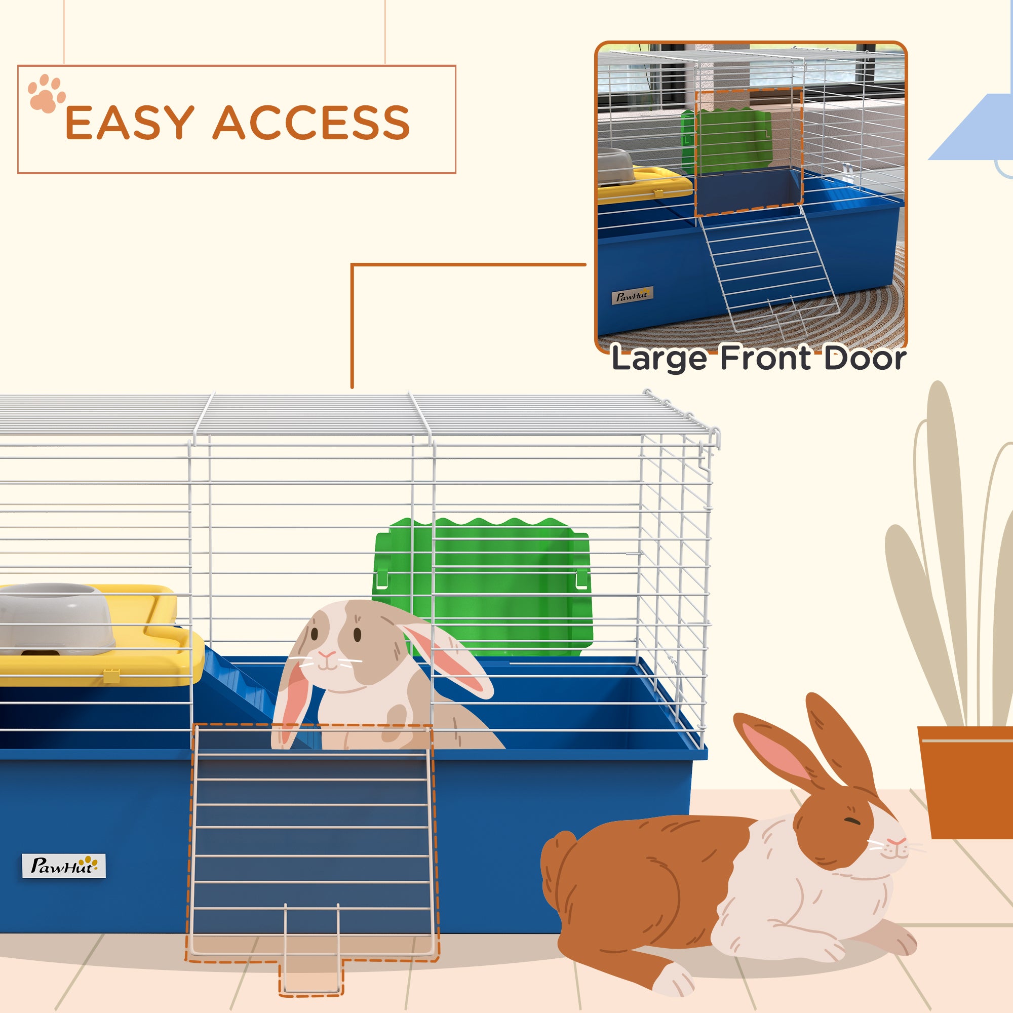 PawHut Chinchillas Small Rabbit Guinea Pig Small Animal Cage, Pet Playhouse, with Platform, Ramp, 71 x 46 x 47cm, Blue - North Peak Garden Furniture