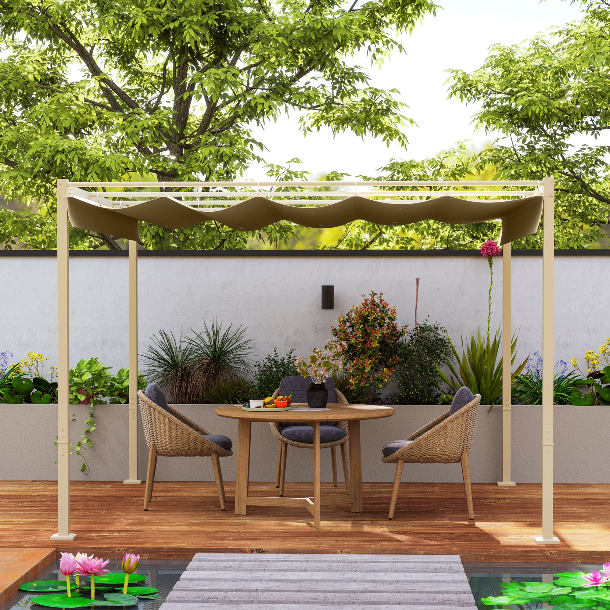 Outsunny 3 x 3(m) Garden Pergola with Retractable Roof and Magnetic Fixture, Outdoor Gazebo Pergola Kit Sun Shade Canopy, UPF30+, Khaki - North Peak Garden Furniture