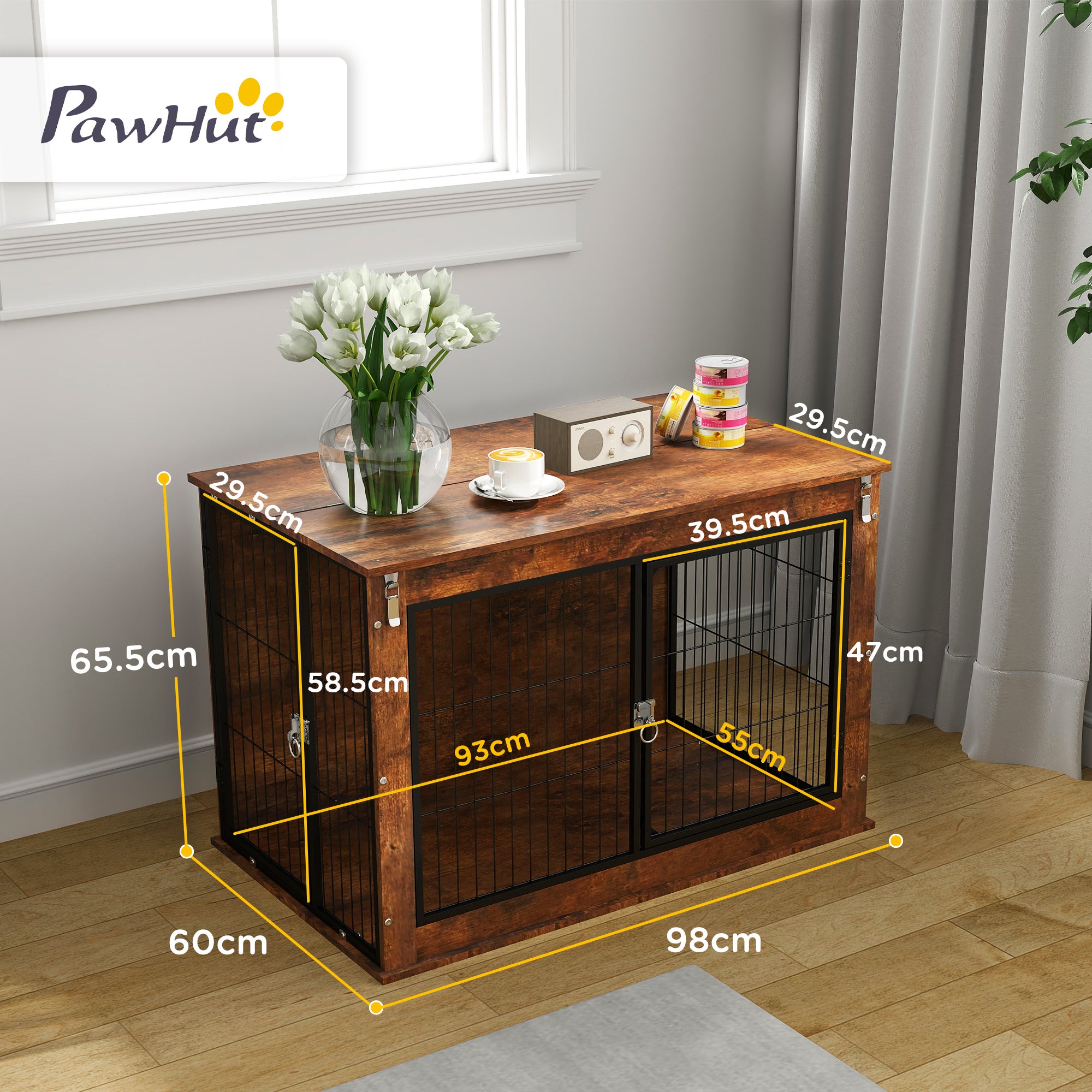 PawHut Dog Crate Furniture with Flip-up Top, 2 Doors, for Large Dogs, 98 x 60 x 65.5cm, Rustic Brown - North Peak Garden Furniture