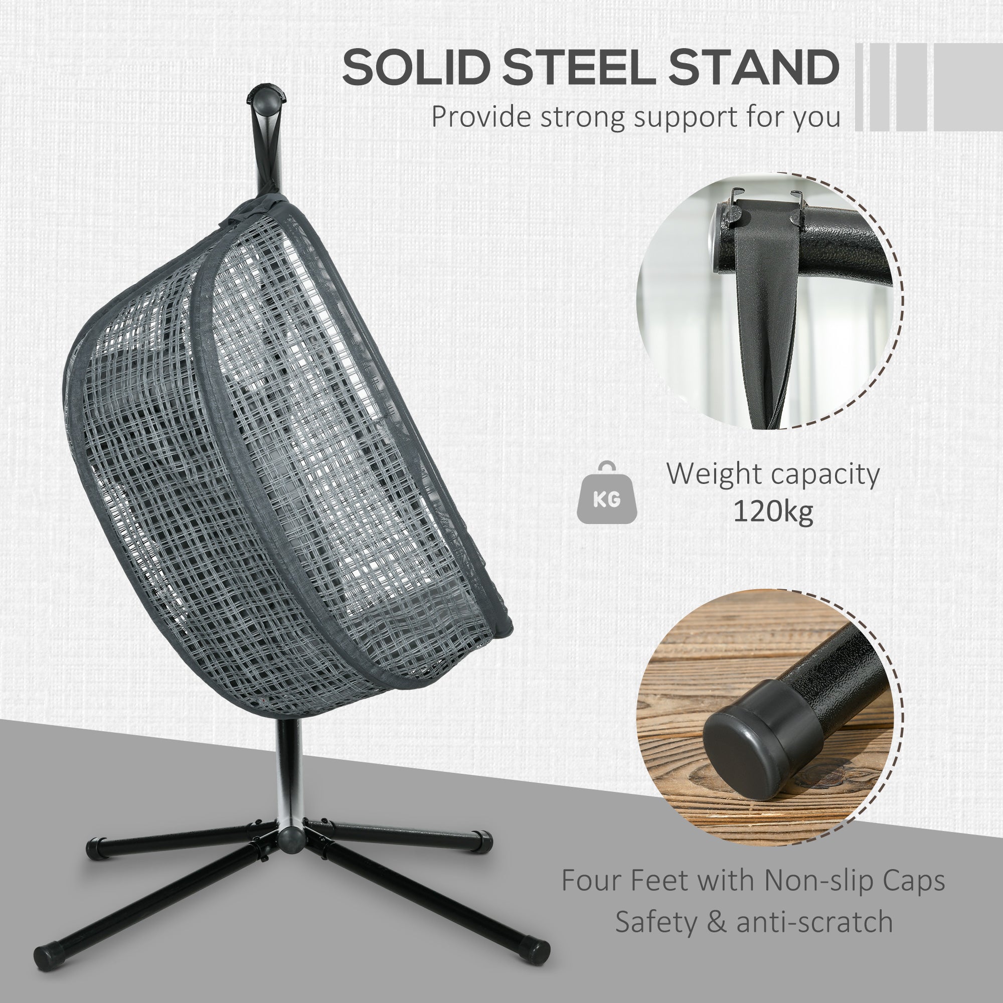 Outsunny Outdoor Swing Chair with Thick Padded Cushion, Patio Hanging Chair with Metal Stand, Egg Chair with Foldable Basket, Cup Holder, for Indoor and Outdoor, Dark Grey - North Peak Garden Furniture