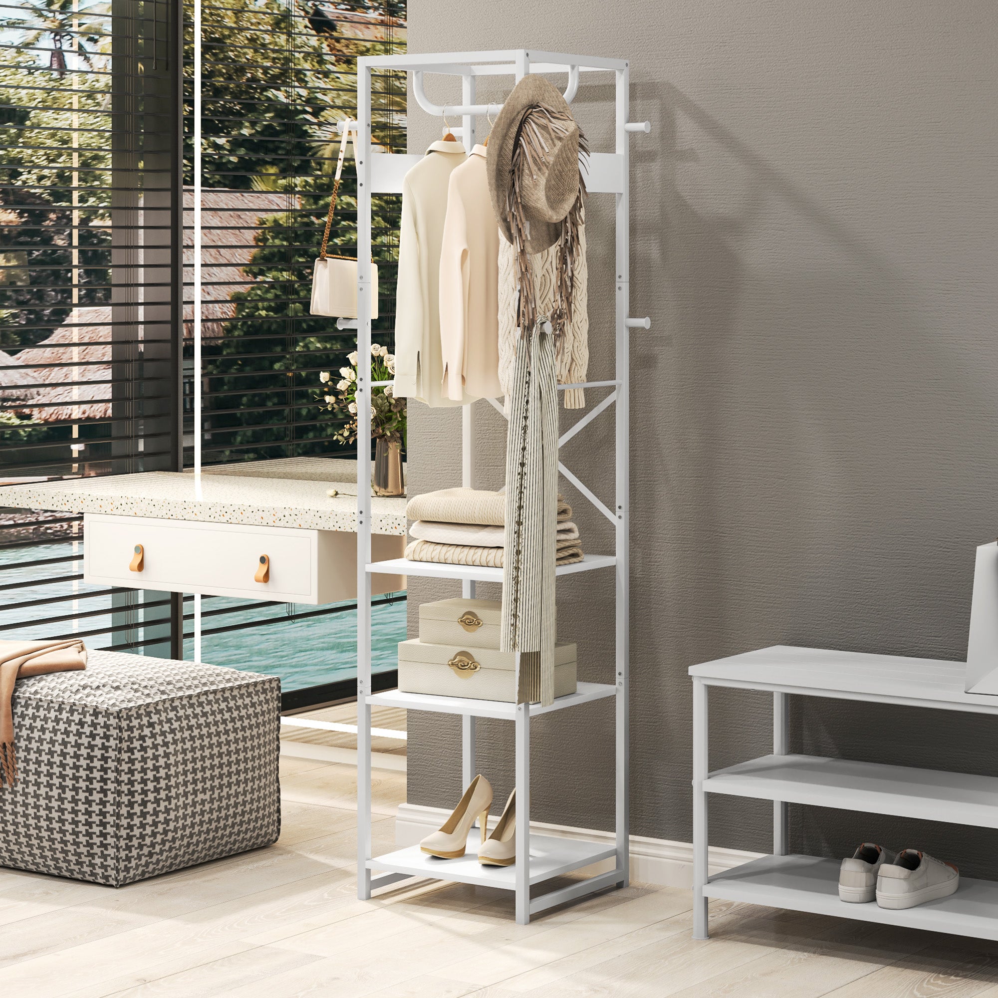 HOMCOM Multi-Storage Clothes Rack - White - North Peak Garden Furniture