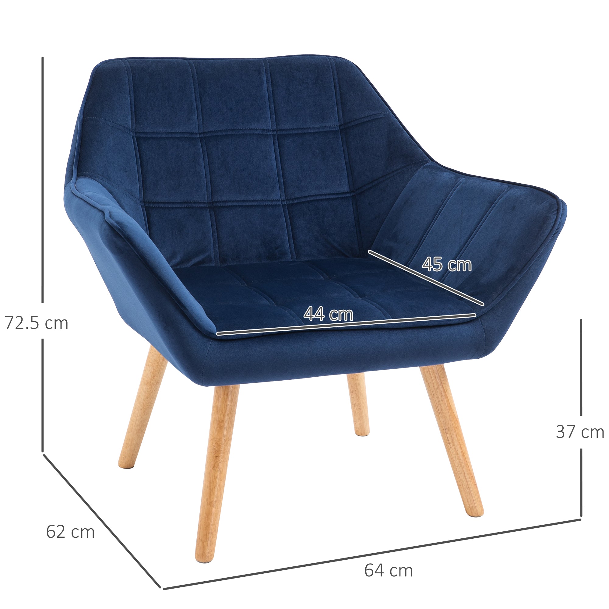 HOMCOM Armchair Accent Chair, Vanity Chair with Wide Arms, Slanted Back, Padding, Metal Frame, Wooden Legs, Home Bedroom Furniture Seating, Set of 2, Blue - North Peak Garden Furniture