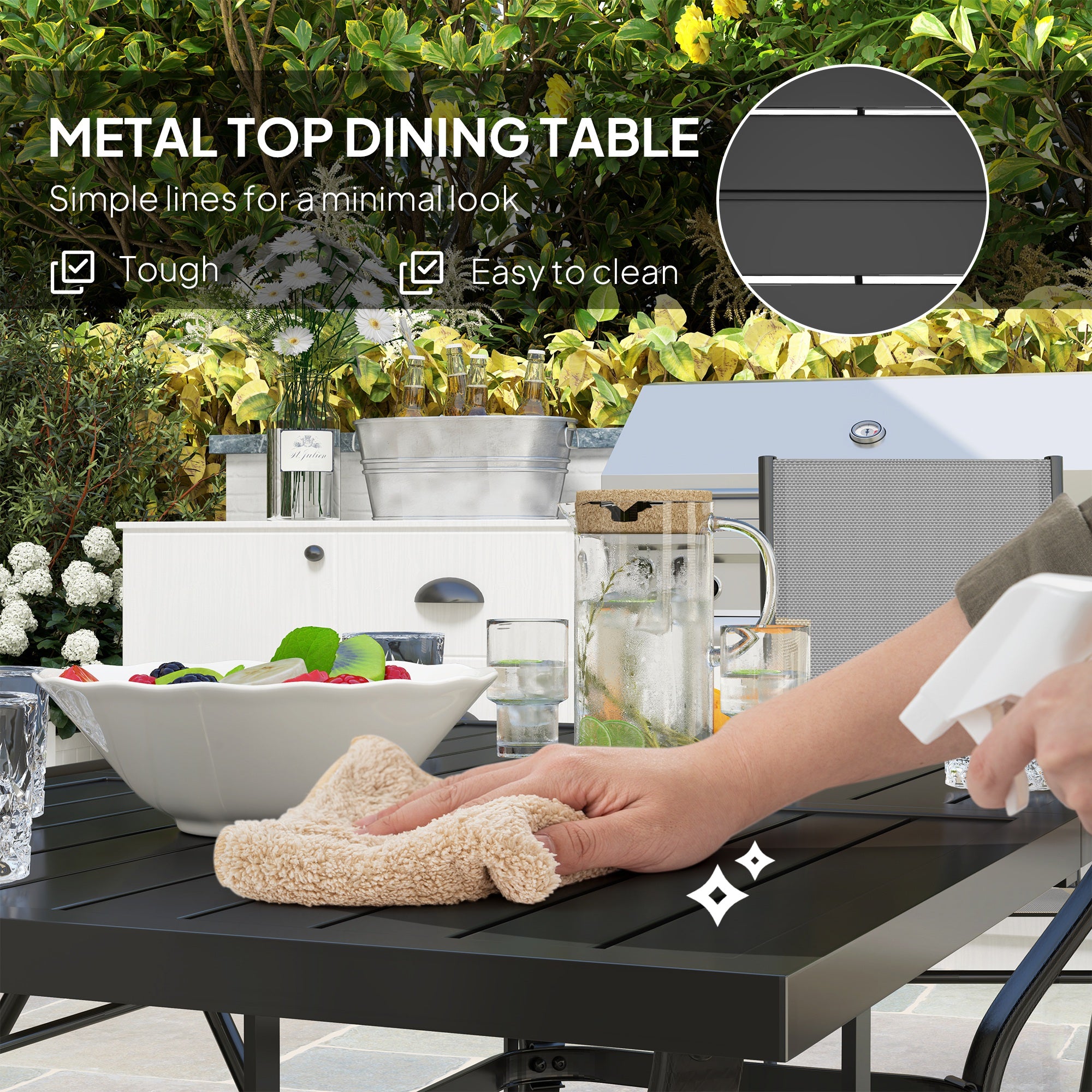 Outsunny Seven-Piece Steel Outdoor Dining Set, with Parasol Hole - Grey - North Peak Garden Furniture