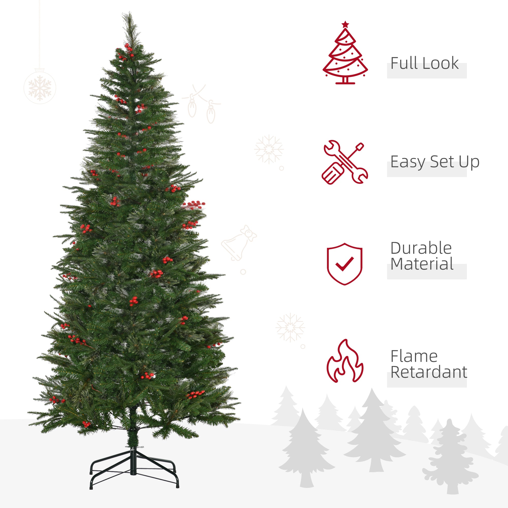 HOMCOM 7ft Pencil Artificial Christmas Tree with Realistic Branches, Red Berries, Auto Open, Green - North Peak Garden Furniture