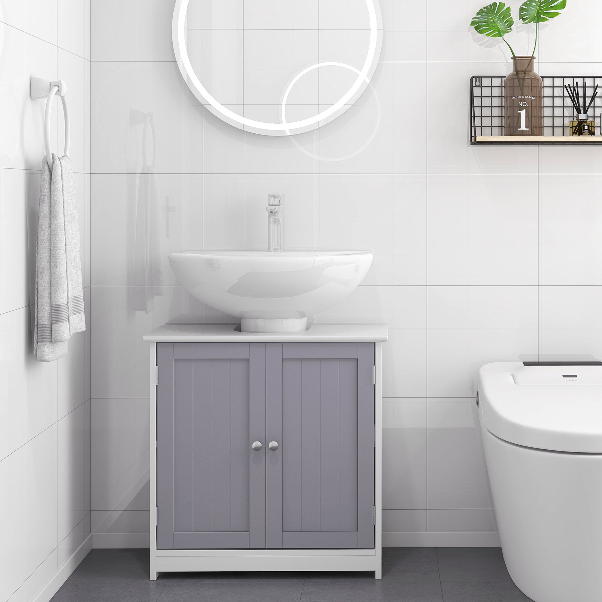 kleankin 60x60cm Under-Sink Storage Cabinet w/ Adjustable Shelf Handles Drain Hole Bathroom Cabinet Space Saver Organizer White and Grey - North Peak Garden Furniture