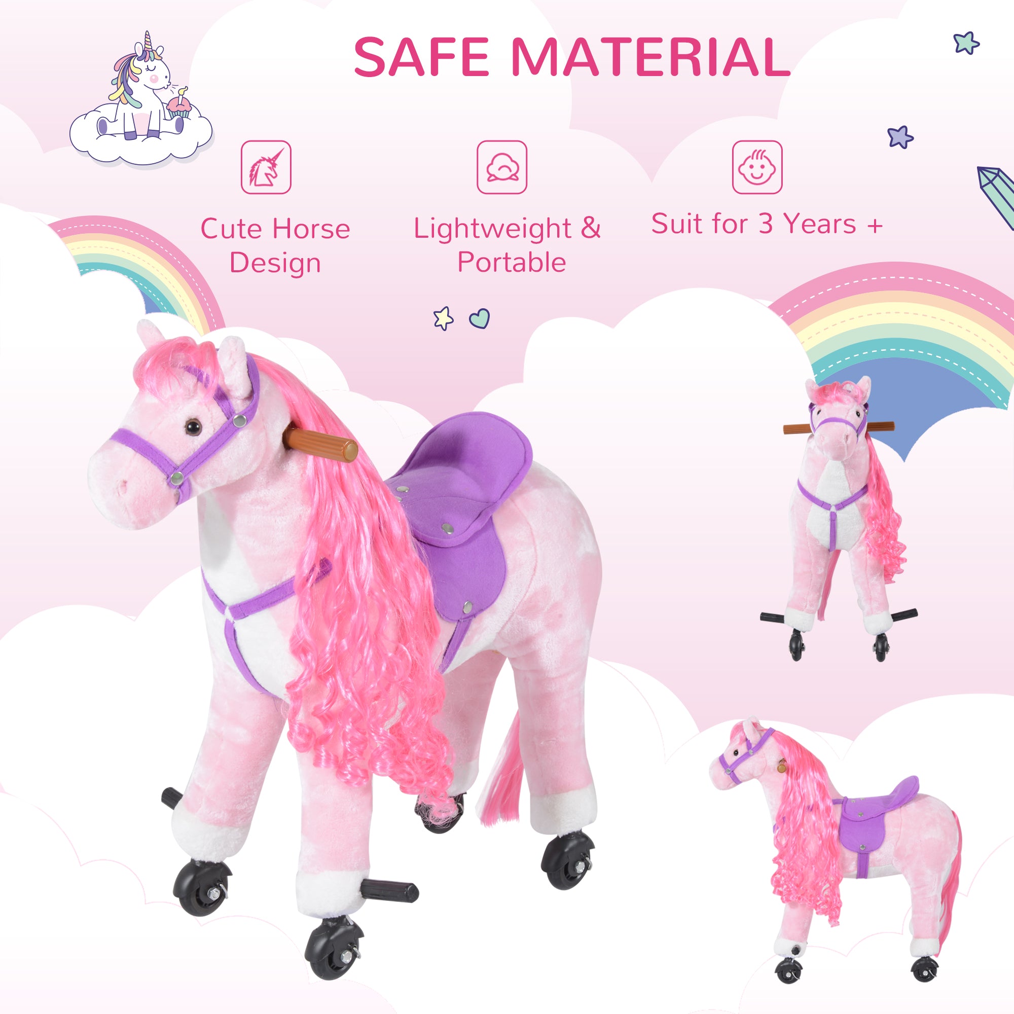 HOMCOM Plush Walking Horse Ride On Toy with Wheels and Realistic Sounds Rocking Horse for Girls Boys 3+ Years Old, 50cm Tall, Pink - North Peak Garden Furniture