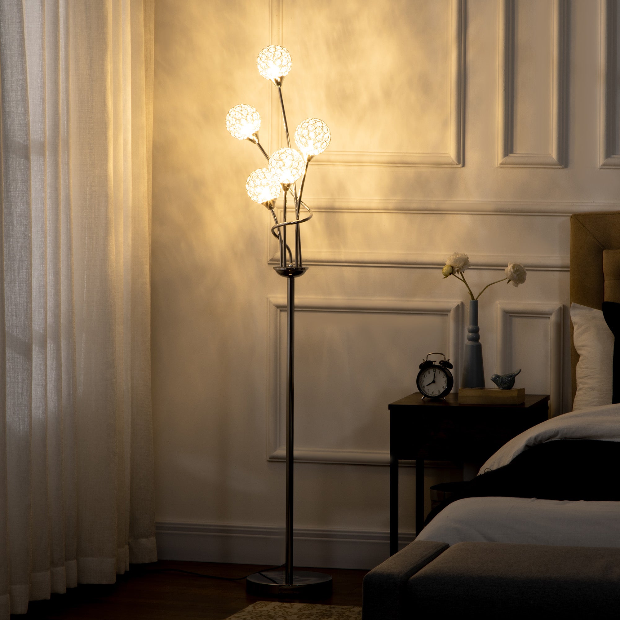 HOMCOM Crystal Floor Lamps for Living Room Bedroom with 5 Light, Modern Upright Standing Lamp, 34x25x156cm, Silver - North Peak Garden Furniture