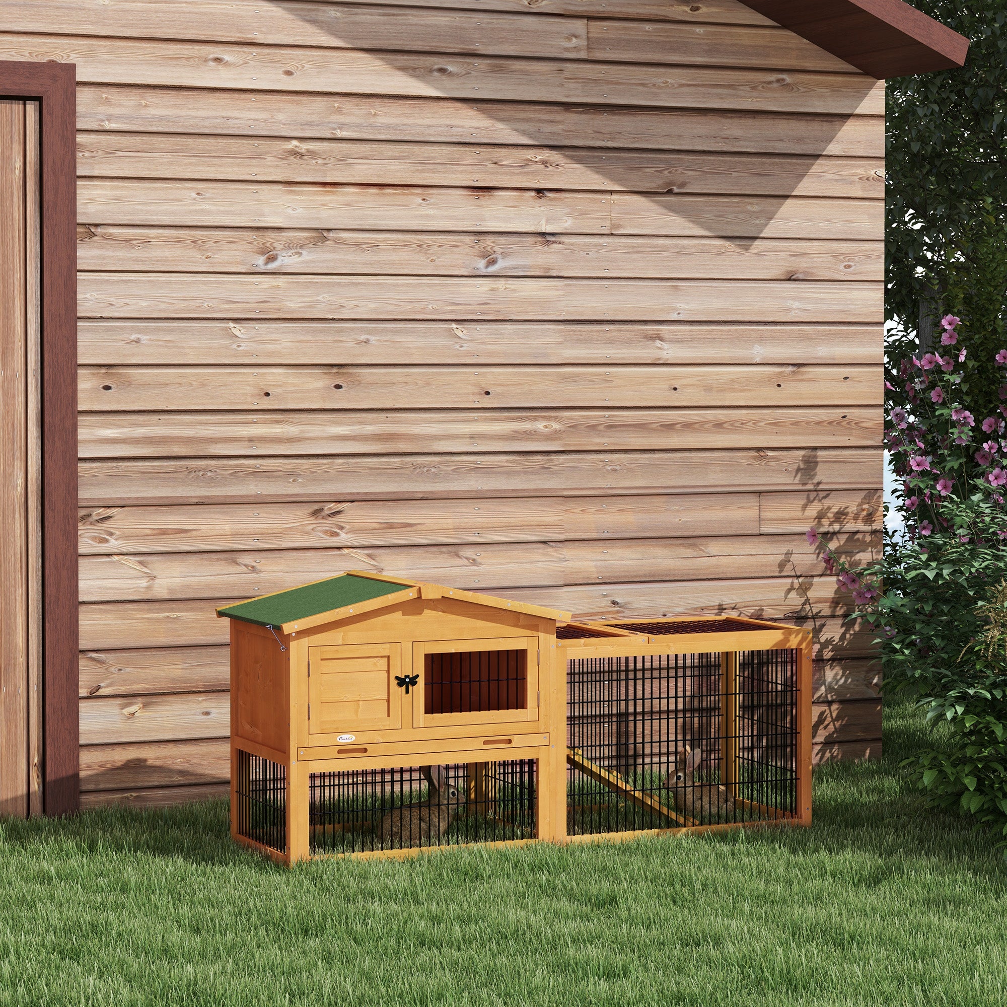 PawHut Wooden Rabbit Hutch with Outdoor Run Yellow - North Peak Garden Furniture