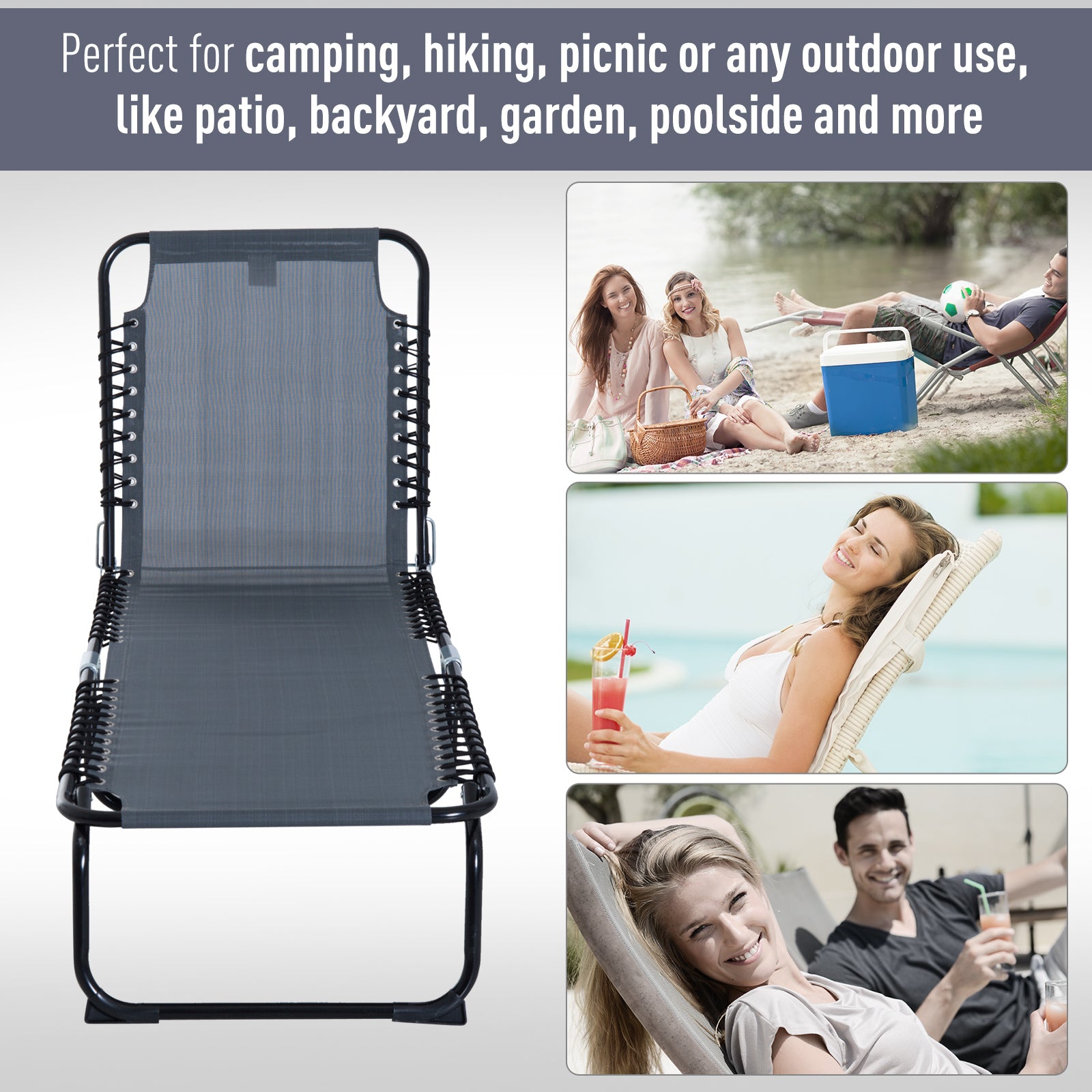 Outsunny Foldable Sun Lounger, Outdoor 4 Level Adjustable Backrest Reclining Chaise Chair, Steel Frame Recliner Chair for Camping, Hiking, Grey - North Peak Garden Furniture