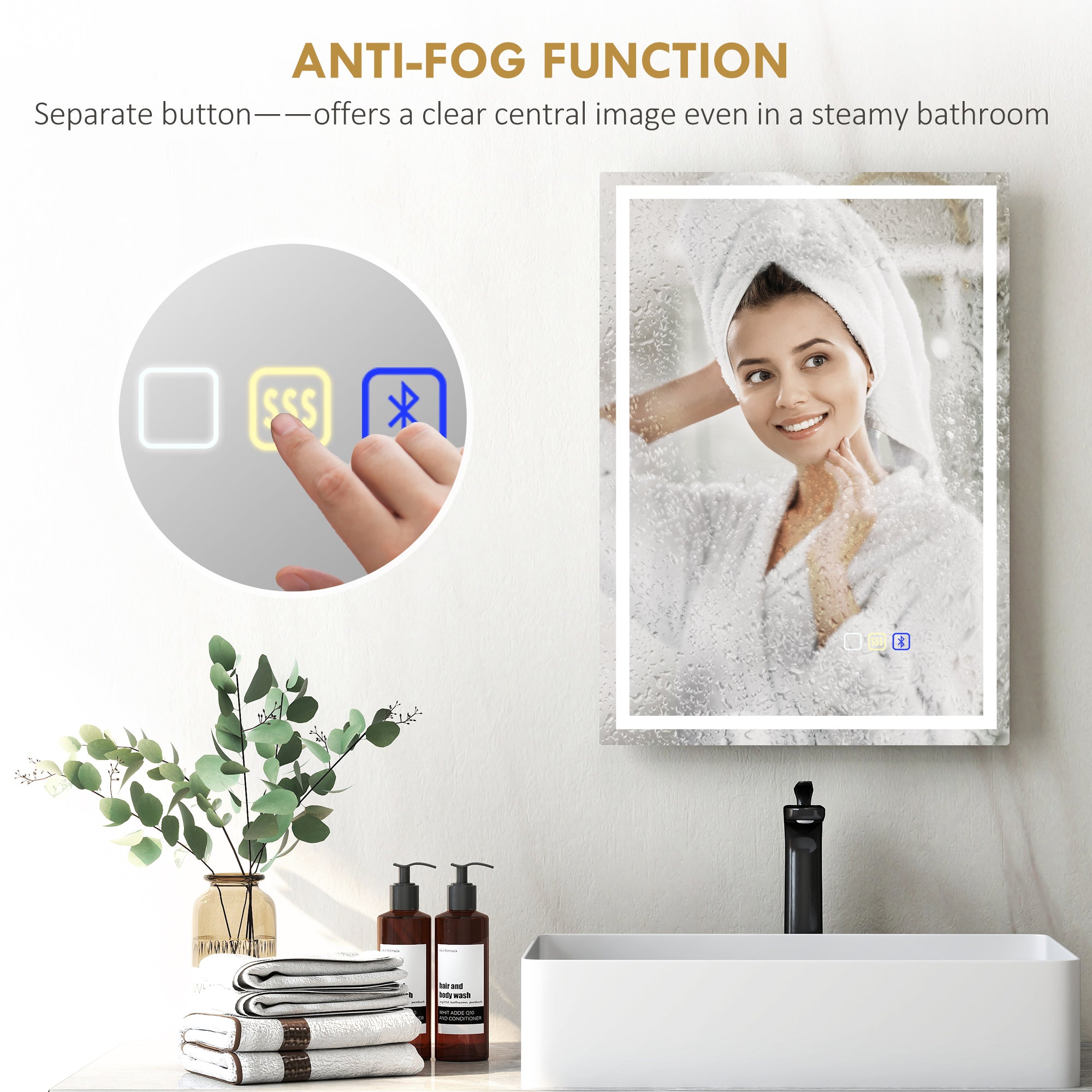 HOMCOM 50 x 70 cm Anti-Fog LED Bathroom Mirror, with Bluetooth - Silver Tone - North Peak Garden Furniture