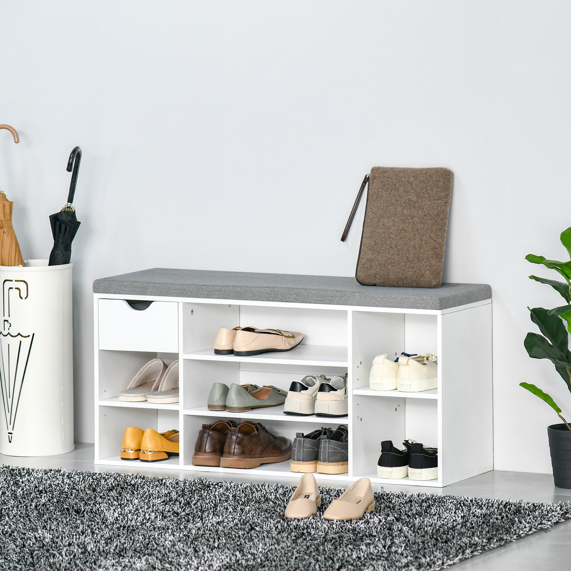 HOMCOM Shoe Bench with Seat Cushion Shoe Storage Cabinet with 7 Compartments Drawer Adjustable Shelves for Entryway Hallway Living Room White and Grey - North Peak Garden Furniture