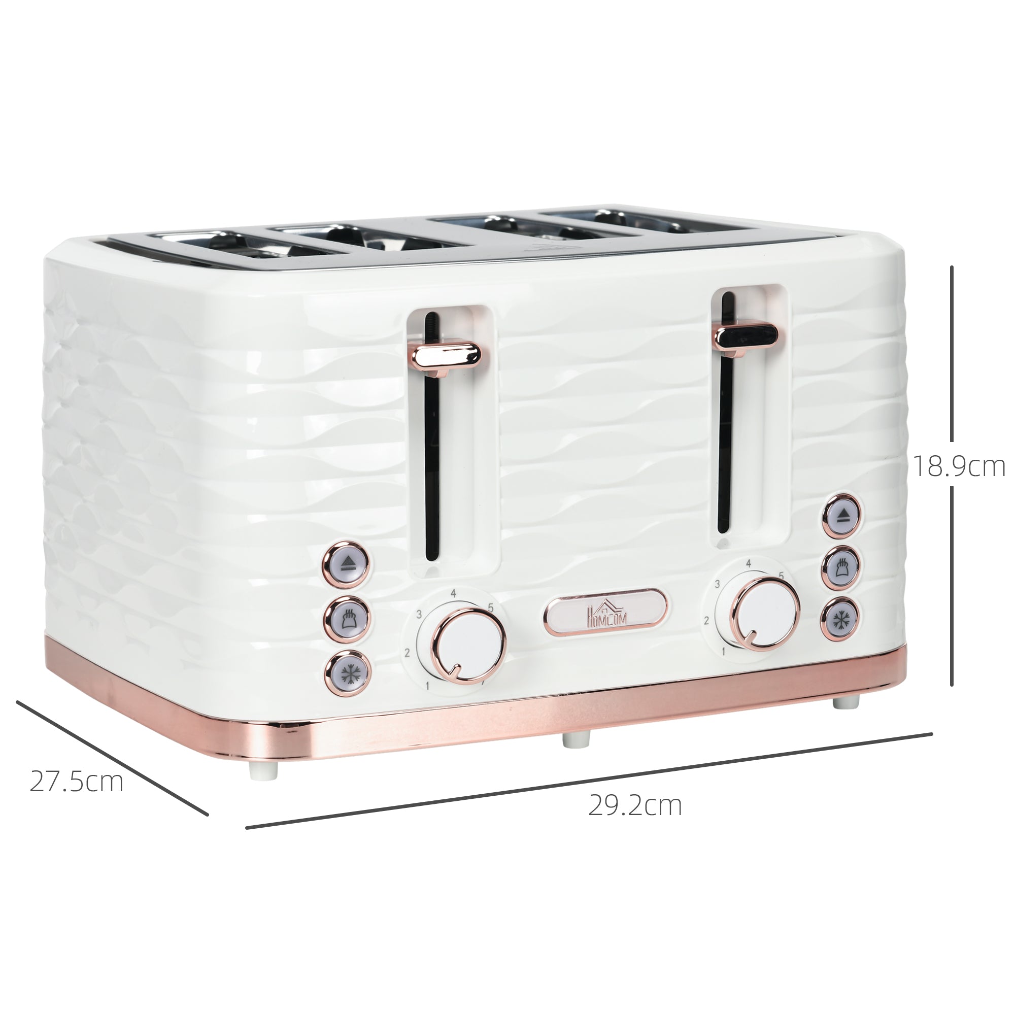 HOMCOM 4 Slice Toaster with 7 Browning Levels, High Lift, Reheat/Defrost/Cancel, Self-centring Function, Removable Crumb Tray, Auto Off, 1600W, Cream White Water Ripple Texture - North Peak Garden Furniture
