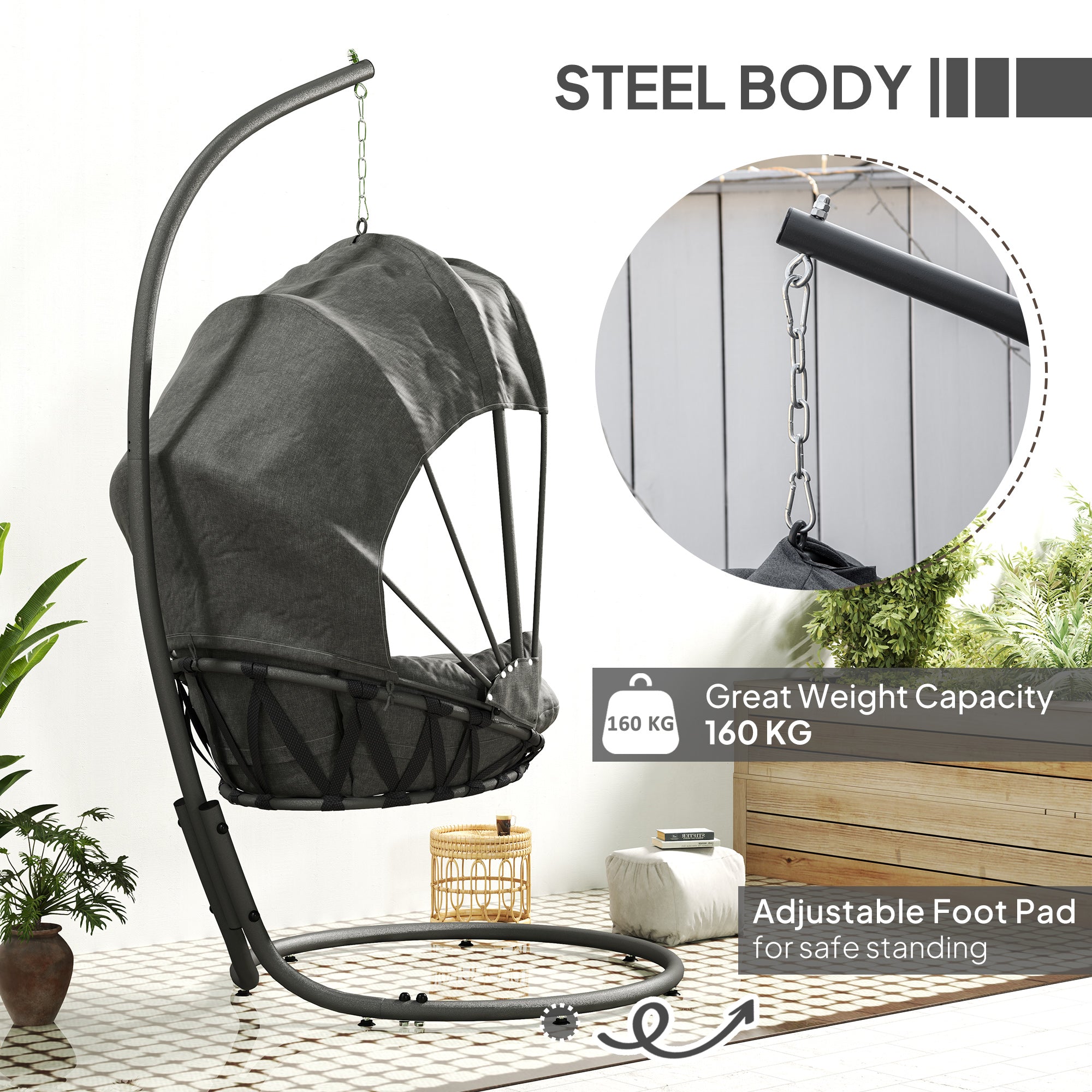 Outsunny Hanging Egg Chair Swing Hammock Chair with Stand, Cushion and Retractable Canopy, for Indoor and Outdoor, Grey - North Peak Garden Furniture