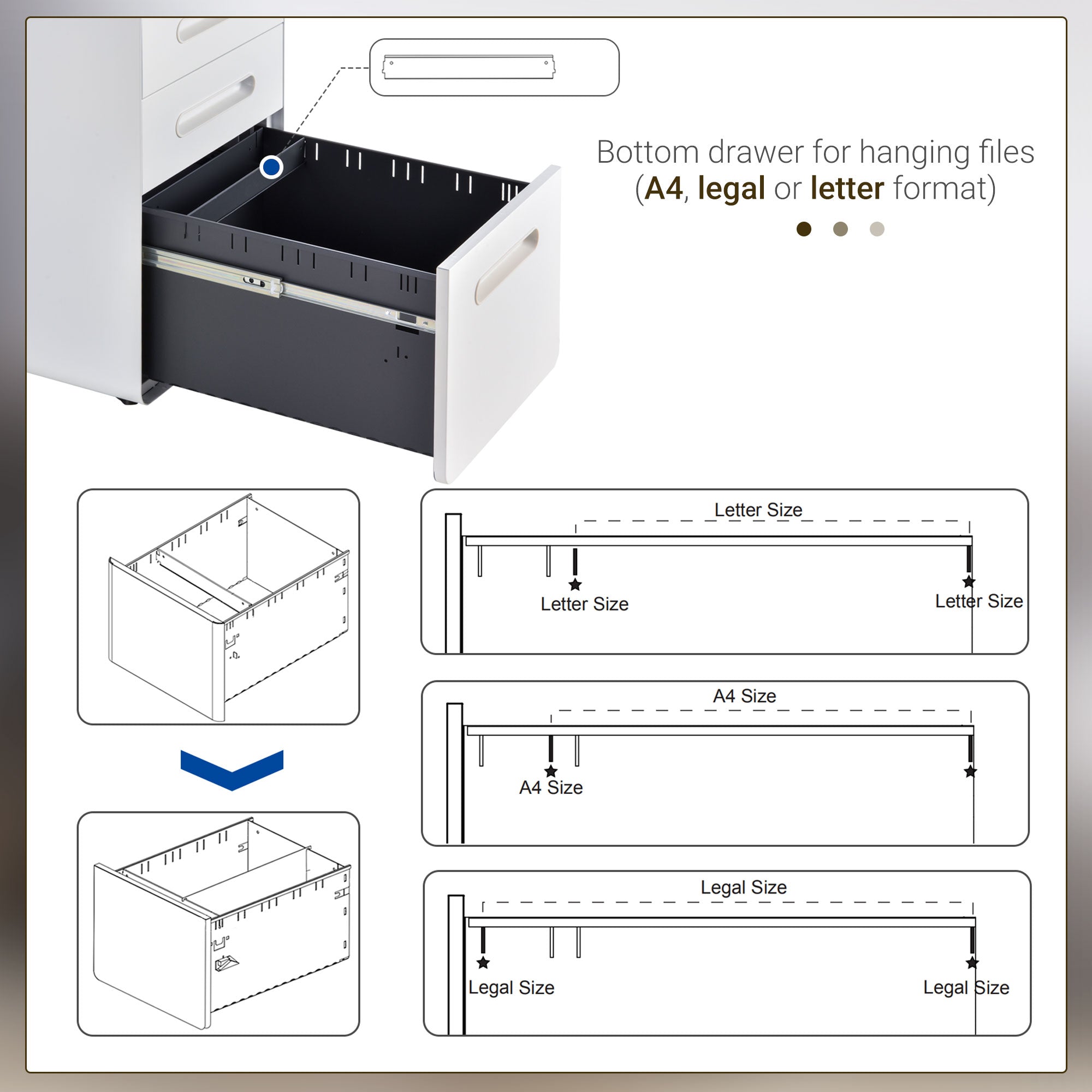 Vinsetto Lockable File Cabinet with 3 Drawers, Vertical Office Drawer for A4, Letter, Legal Size, Anti-tilt Design, Pre-Assembled Body, White