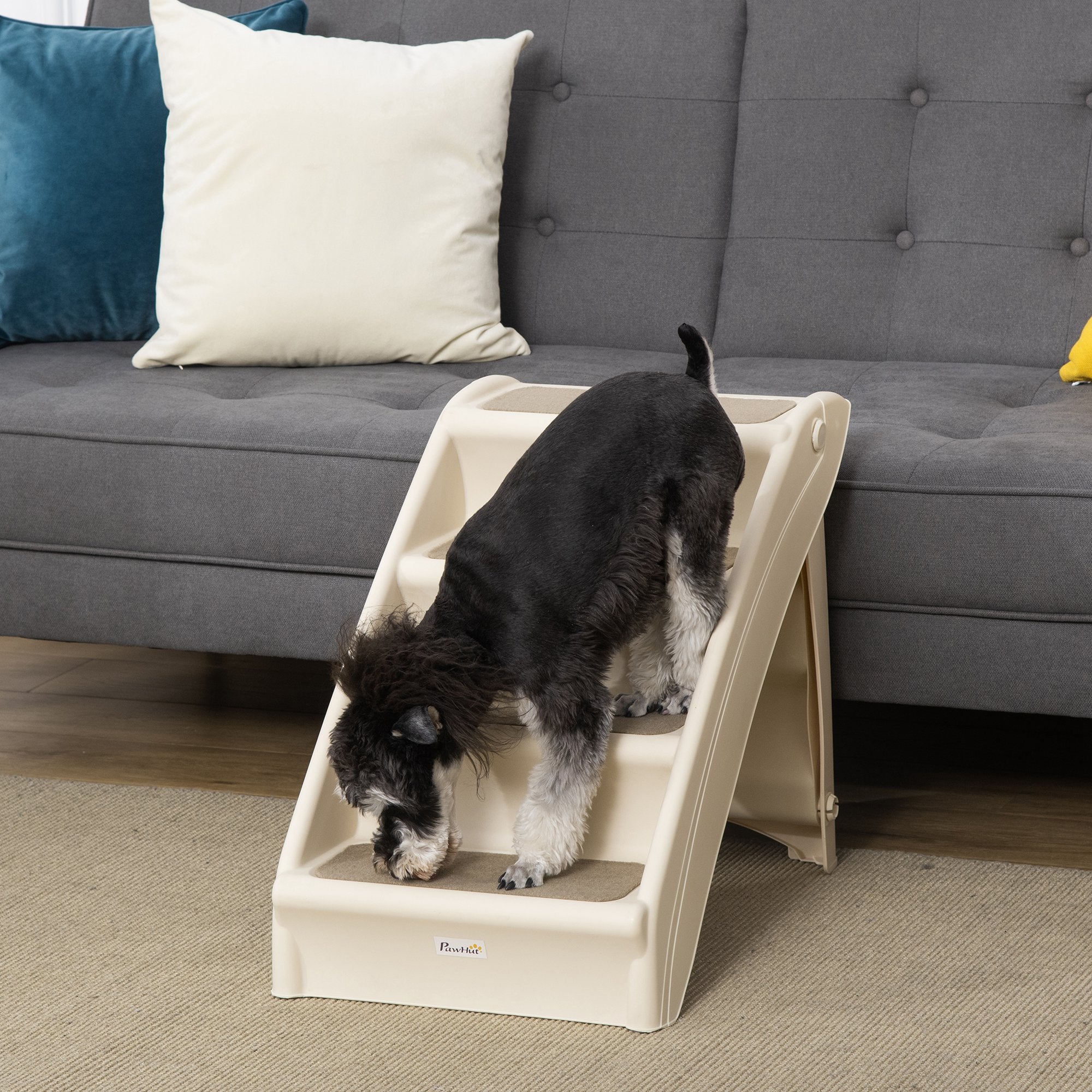 PawHut Foldable Four-Step Pet Stairs, for Cats, Small Miniature Dogs, with Non-Slip Mats 62 x 38 x 49.5cm - Beige - North Peak Garden Furniture