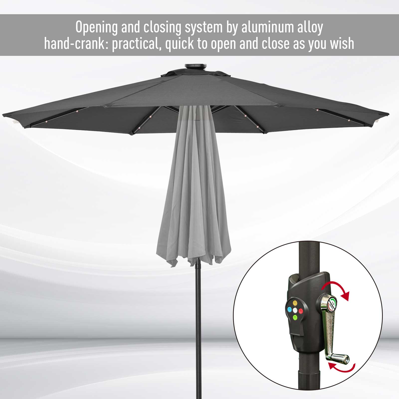 Outsunny Φ2.7m Garden 24 LED Light Parasol Solar Outdoor Tilt Sun Umbrella Patio Club Party Event Manual Sun Shade w/ Hand Crank and 8 Ribs, Grey - North Peak Garden Furniture
