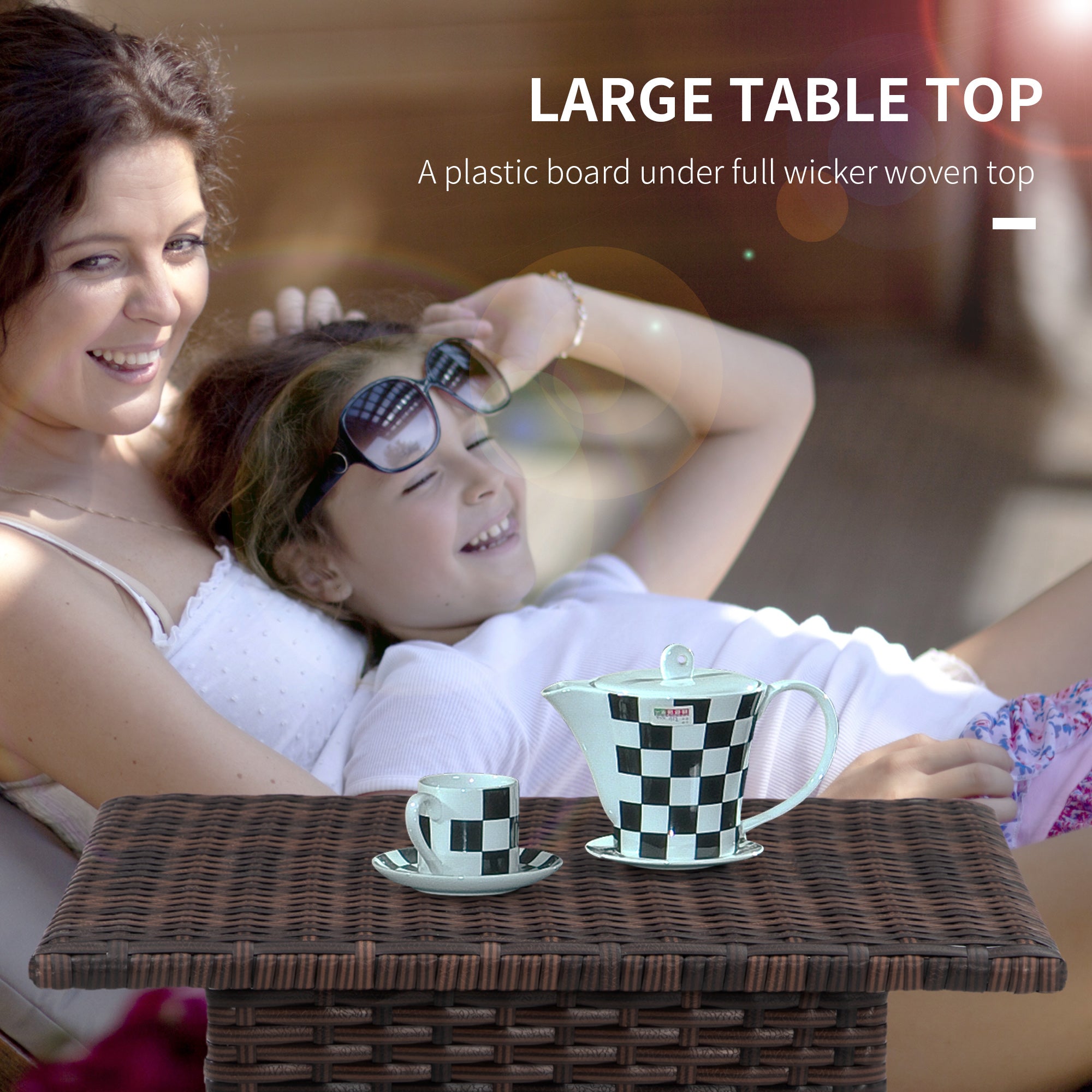 Outsunny Outdoor Rattan Side Table Coffee Table with Plastic Board, Full Woven Table Top for Patio, Garden, Balcony, Mixed Brown - North Peak Garden Furniture