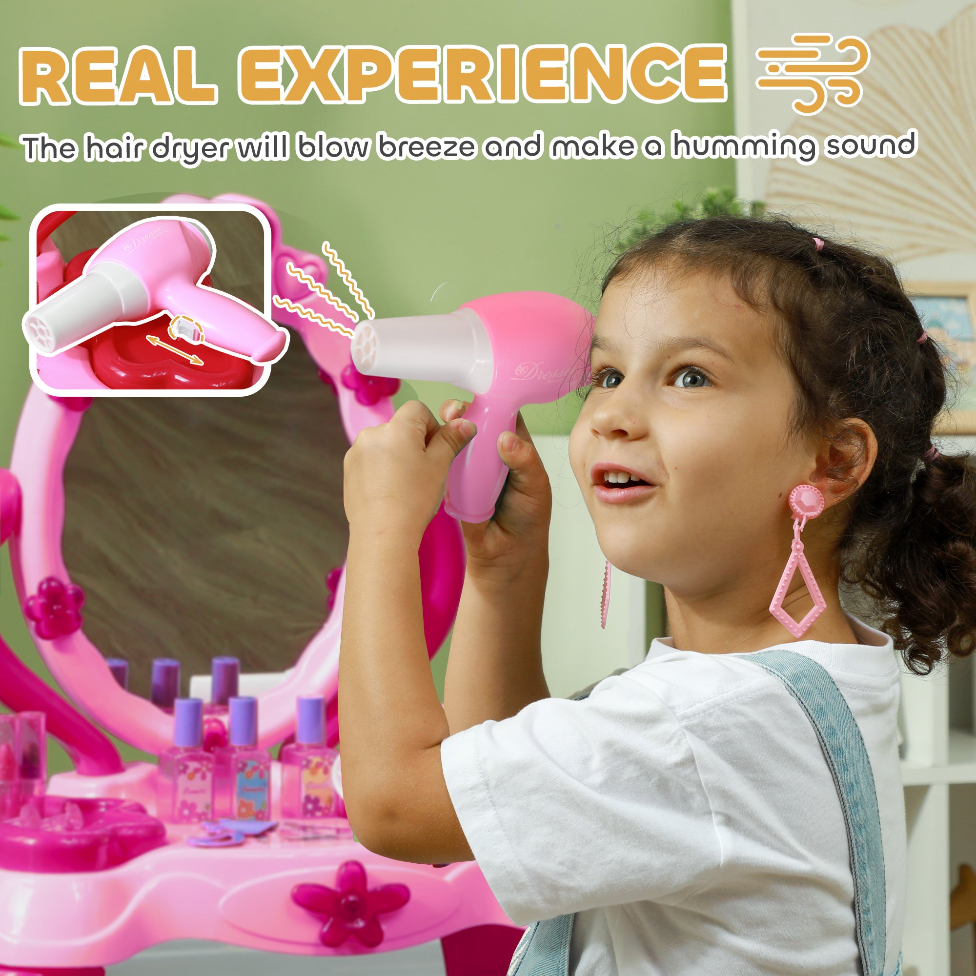 AIYAPLAY Kids Dressing Table with mirror, Stool, Light, Music, 15 Accessories, for Ages 3-6 Years, Pink - North Peak Garden Furniture