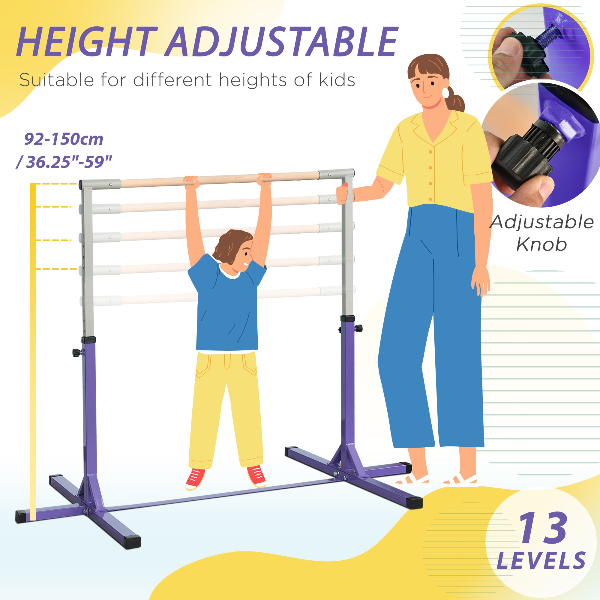HOMCOM Steel Frame Adjustable Horizonal Gymnastics Bar For Kids Home Gym Training Purple - North Peak Garden Furniture