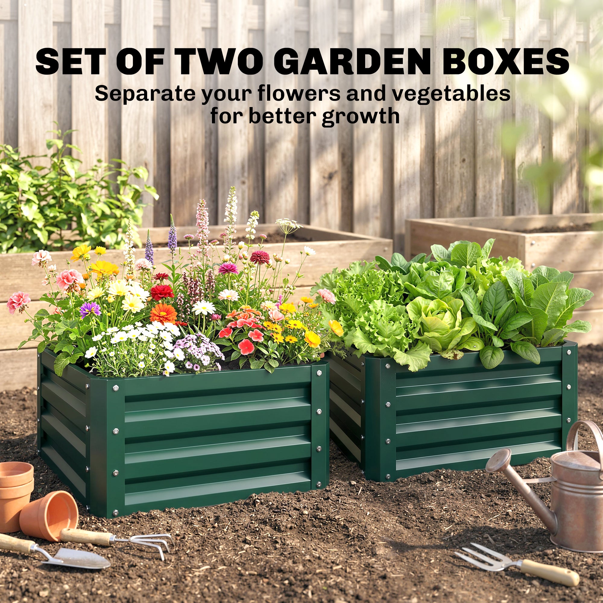 Outsunny Set of 2 Raised Garden Bed, Outdoor Elevated Galvanised Planter Box for Flowers, Herbs, 60x60x30.5cm, Green