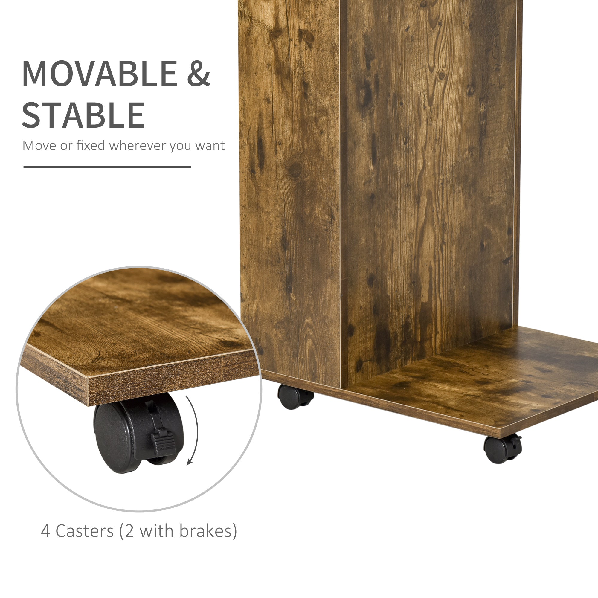 HOMCOM Mobile Sofa Side Table C-Shape End Table with Storage and Casters for Laptop Coffee Snack, Rustic Brown - North Peak Garden Furniture