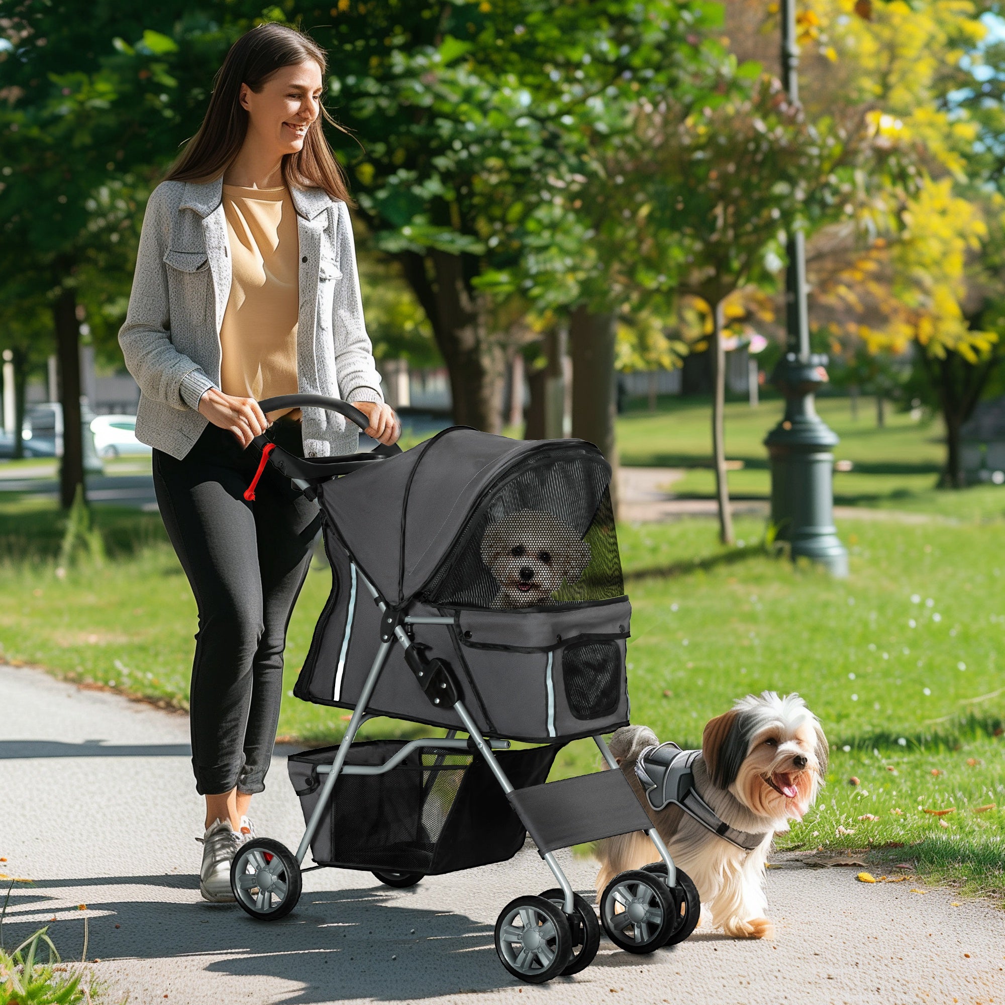 PawHut Foldable Pet Stroller for Small and Miniature Dog, Dark Grey - North Peak Garden Furniture