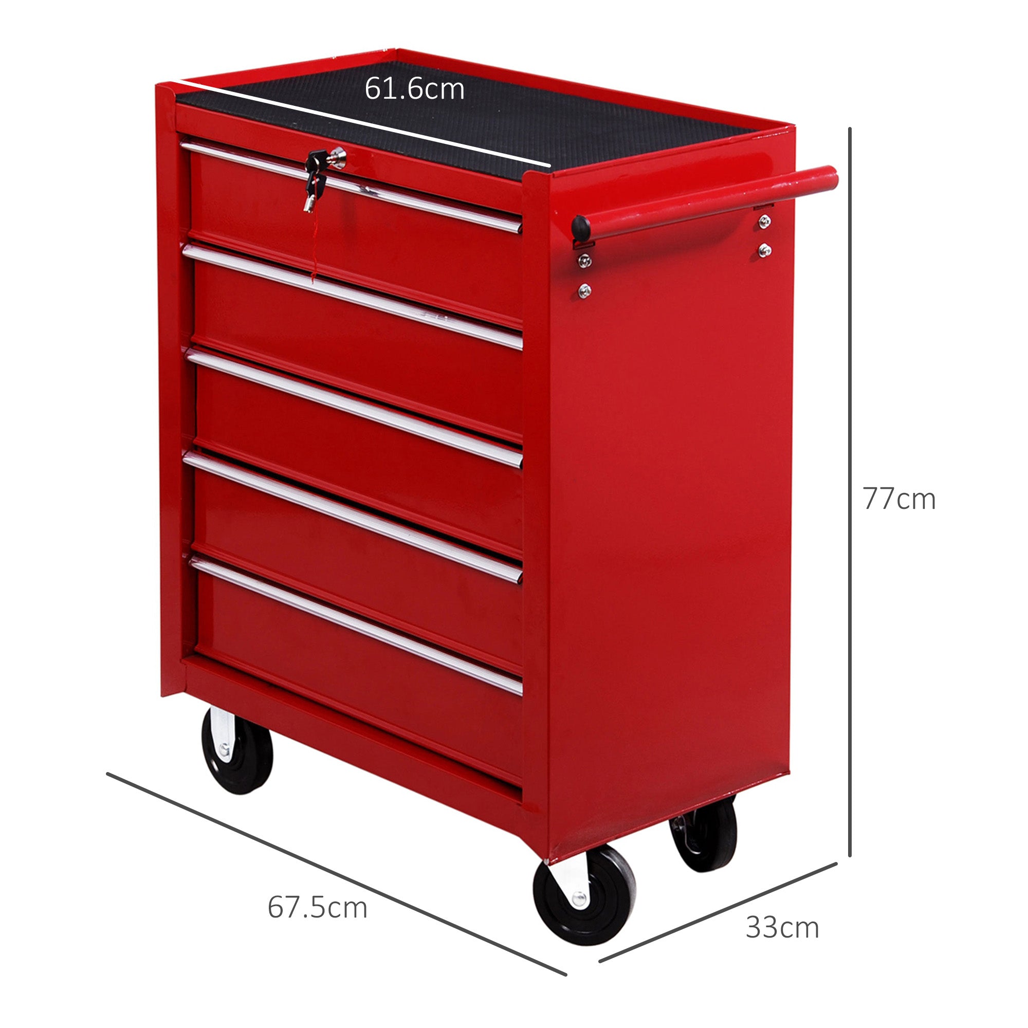 HOMCOM 5 Drawer Tool Chest on Wheels, Lockable Steel Tool Trolley with Side Handle for Workshop, Garage, Red - North Peak Garden Furniture