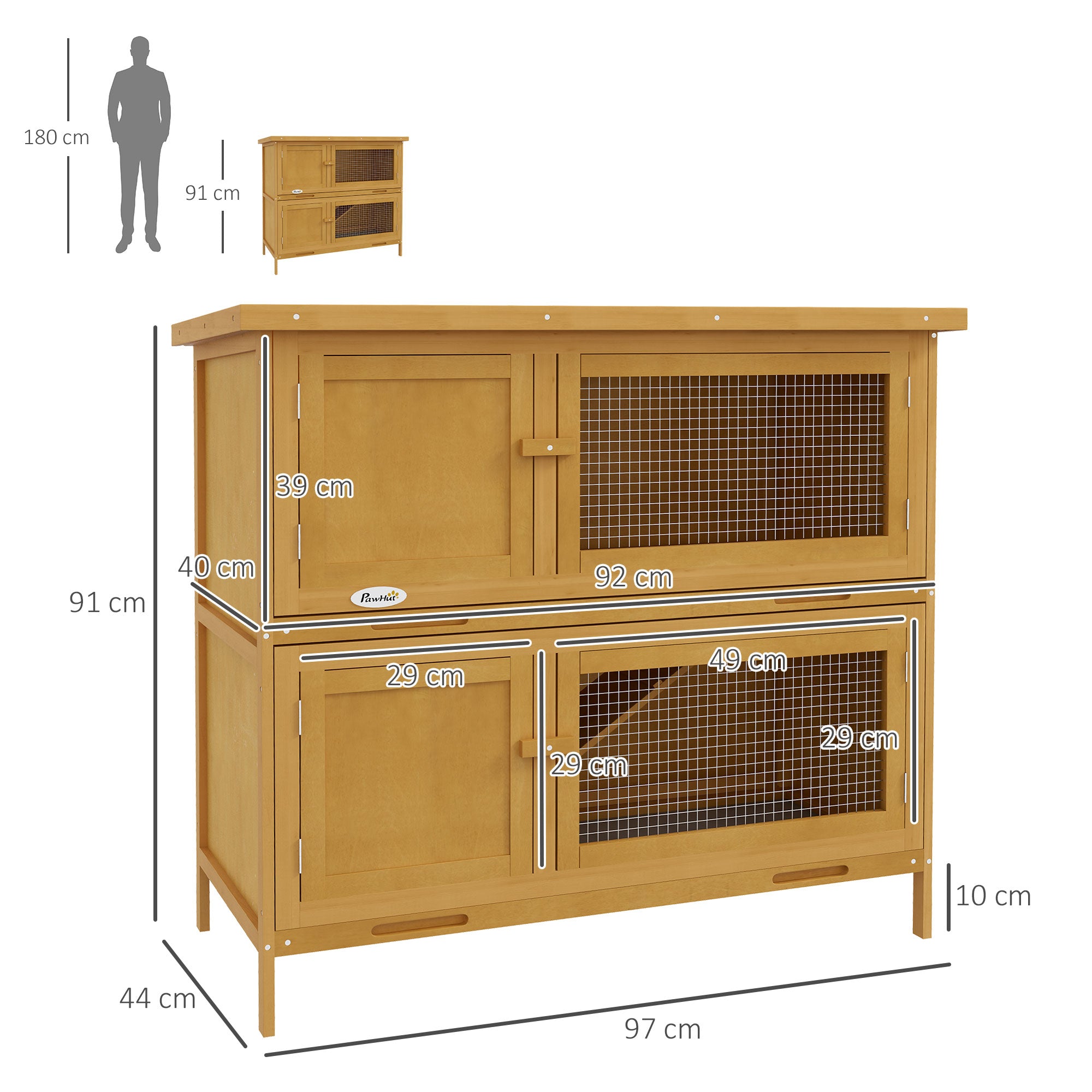 PawHut Double Decker Rabbit Hutch 2 Tier Guinea Pig House Pet Cage Outdoor with Sliding-out Tray, 100 x 47 x 91cm, Yellow - North Peak Garden Furniture