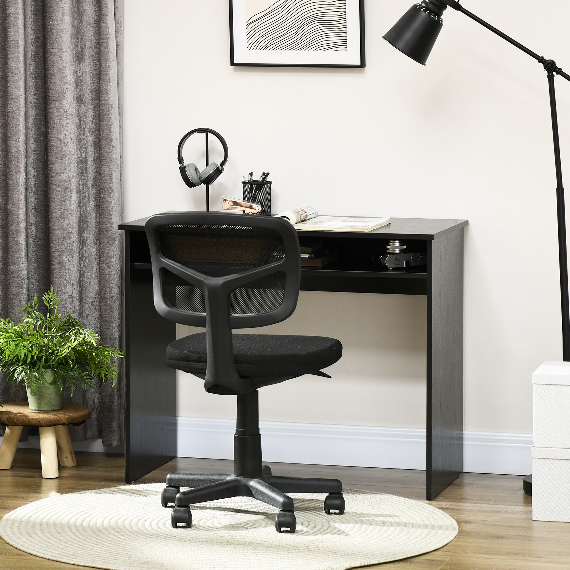 HOMCOM Modern Computer Desk, Home Office Table, Small Writing Desk with Storage Shelf, 90 x 50cm, Black Wood Grain - North Peak Garden Furniture