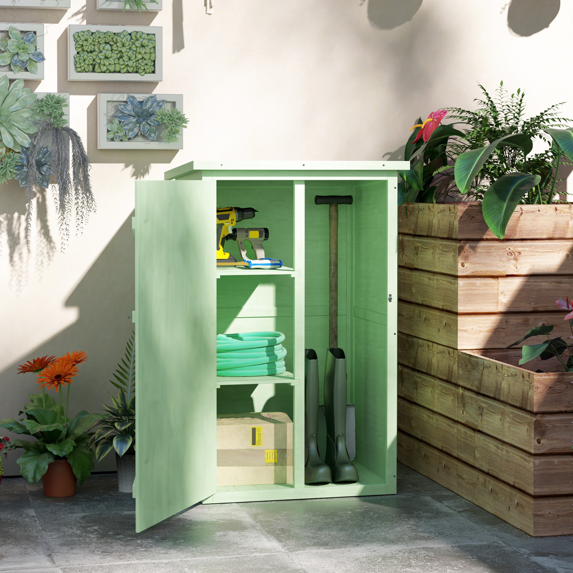 Outsunny Wooden Small Shed, Garden Storage Shed with Shelves and Bolt Latch, 75L x 56W x115H cm, Green - North Peak Garden Furniture
