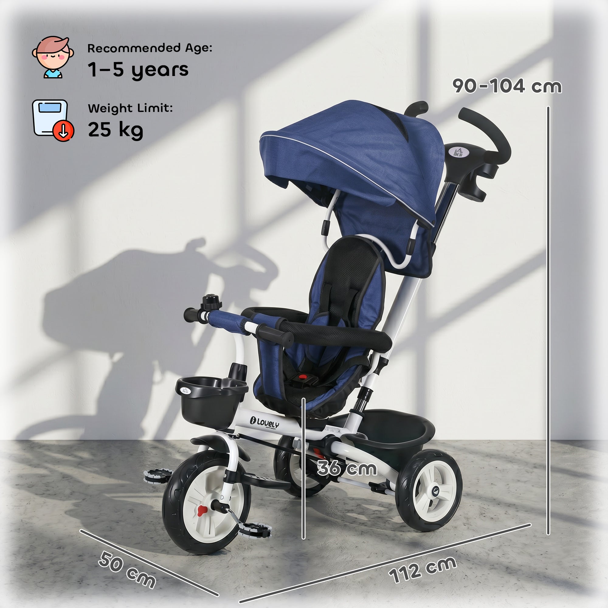 HOMCOM Metal Frame 6 in 1 Baby Push Tricycle with Parent Handle for 1-5 Years Old, Dark Blue