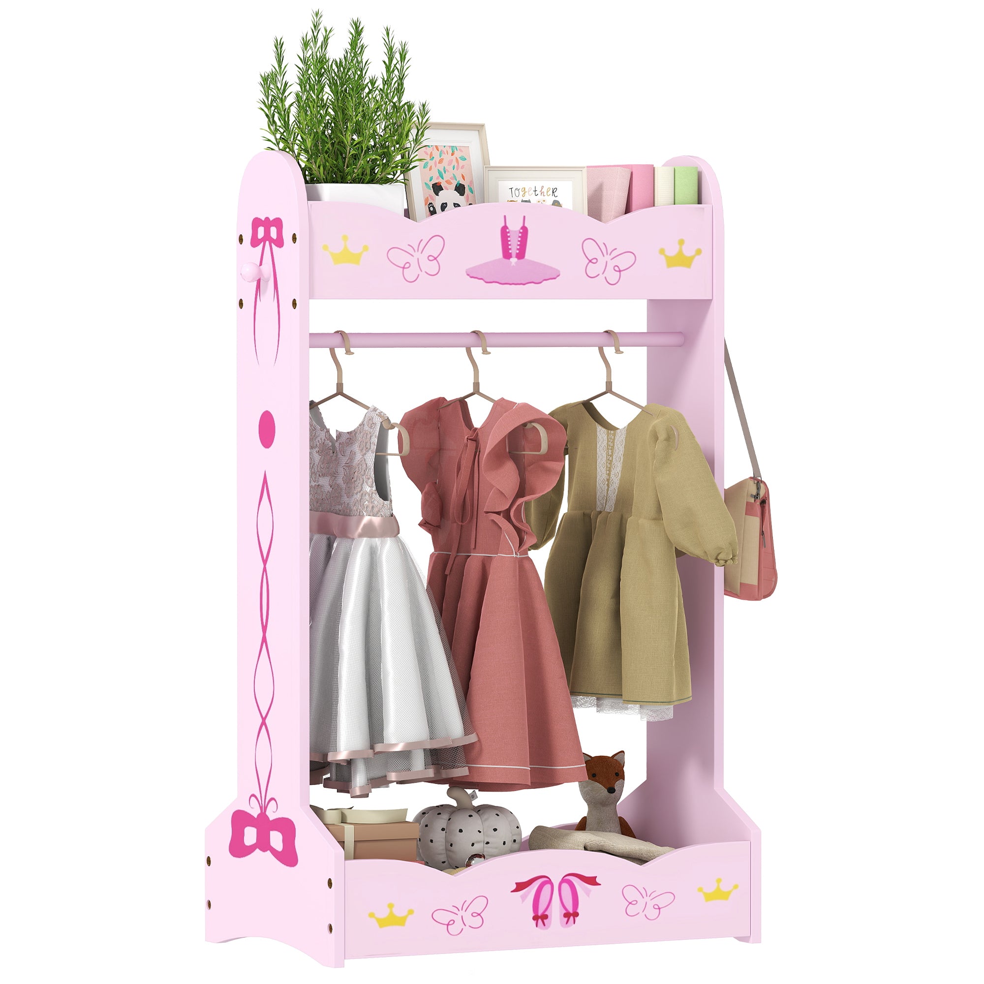 AIYAPLAY Kids Clothes Rail with 2 Storage Shelves for 3-8 Years Old, Pink