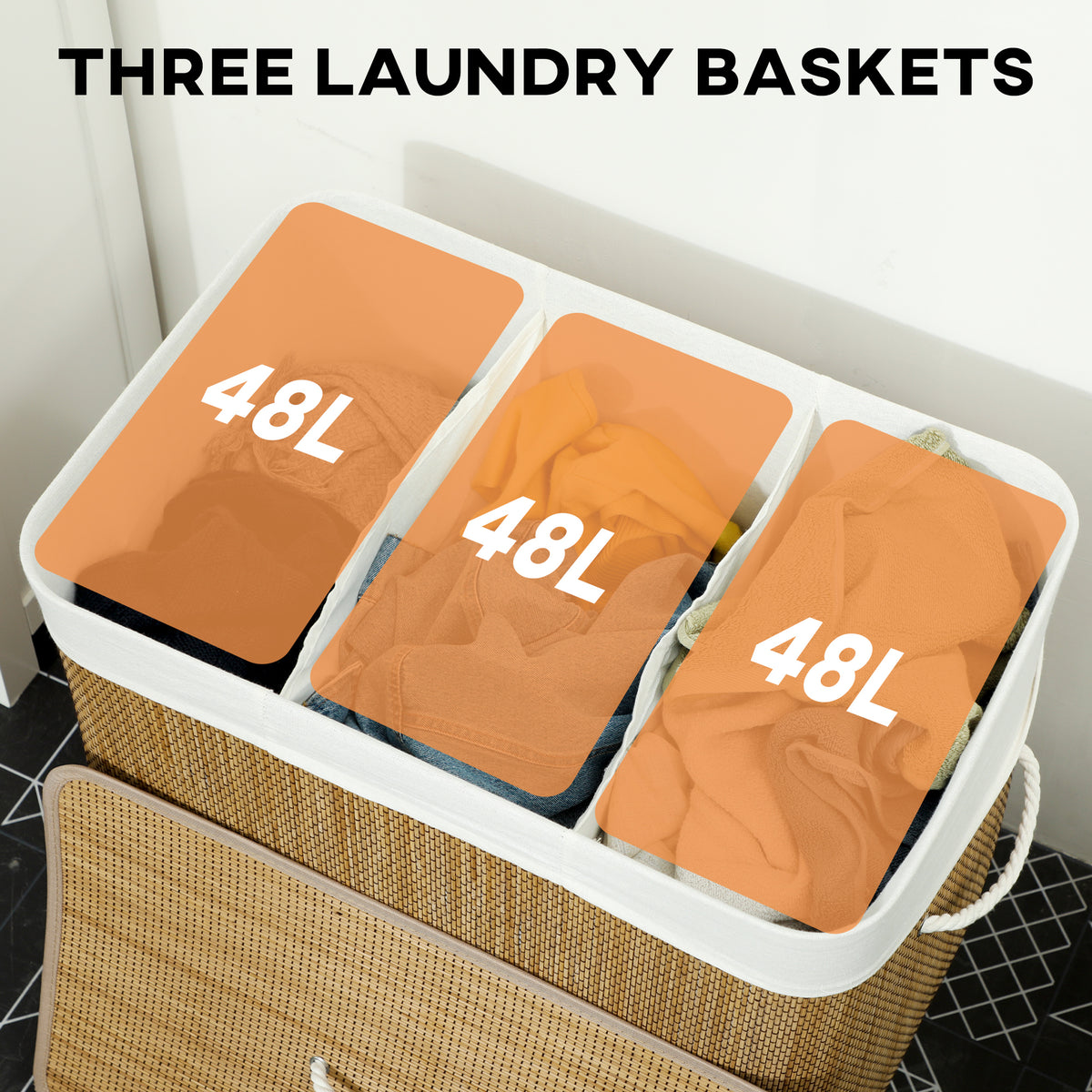 HOMCOM 3 Section Laundry Basket with Lid, 144L Bamboo Laundry Hamper with Handles, Removable and Washable Liner, Brown