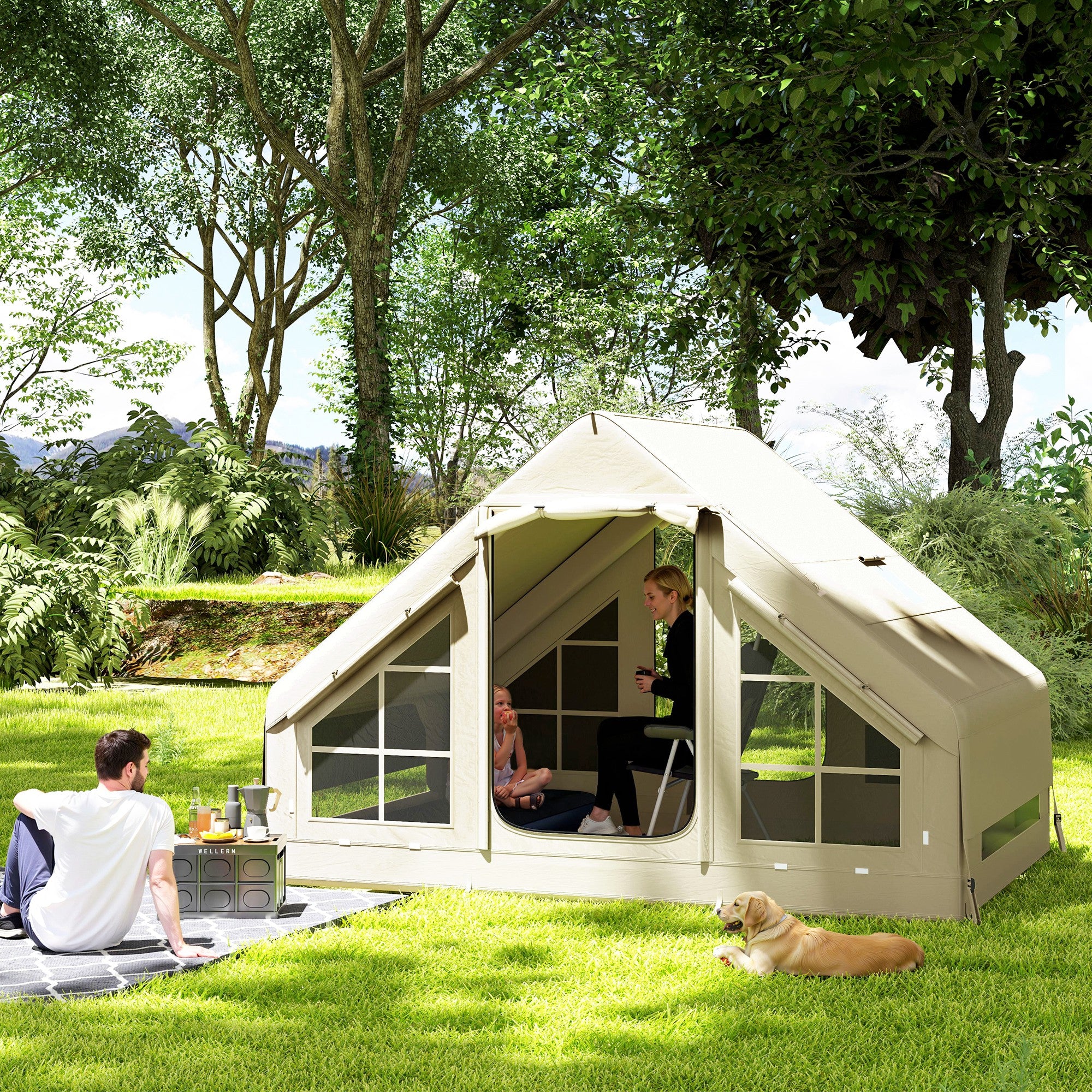 Outsunny Inflatable Camping Tent with Pump and Stove Jack Hole, Easy Setup 2-4 Person Blow Up Tent, Waterproof Luxury Inflatable Tent with Mesh Windows, Doors, Hook and Carry Bag, Beige