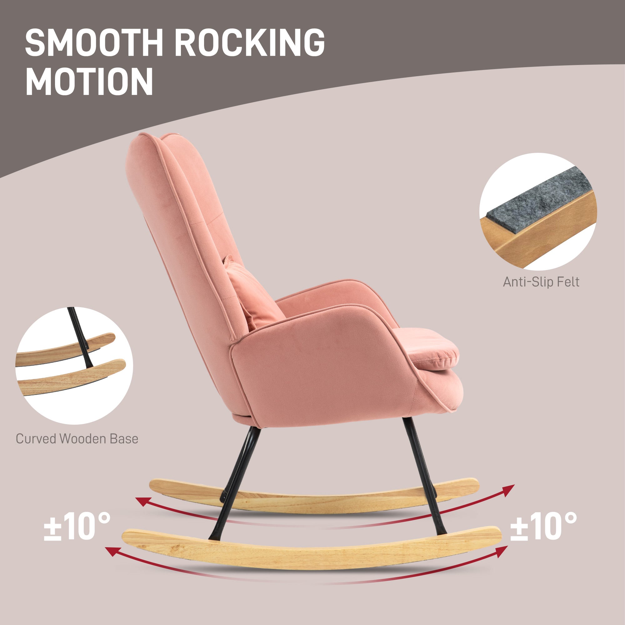 HOMCOM Velvet Rocking Chair Armchair with Lumbar Pillow, Metal Legs and Wood Base for Living Room, Bedroom, Pink - North Peak Garden Furniture