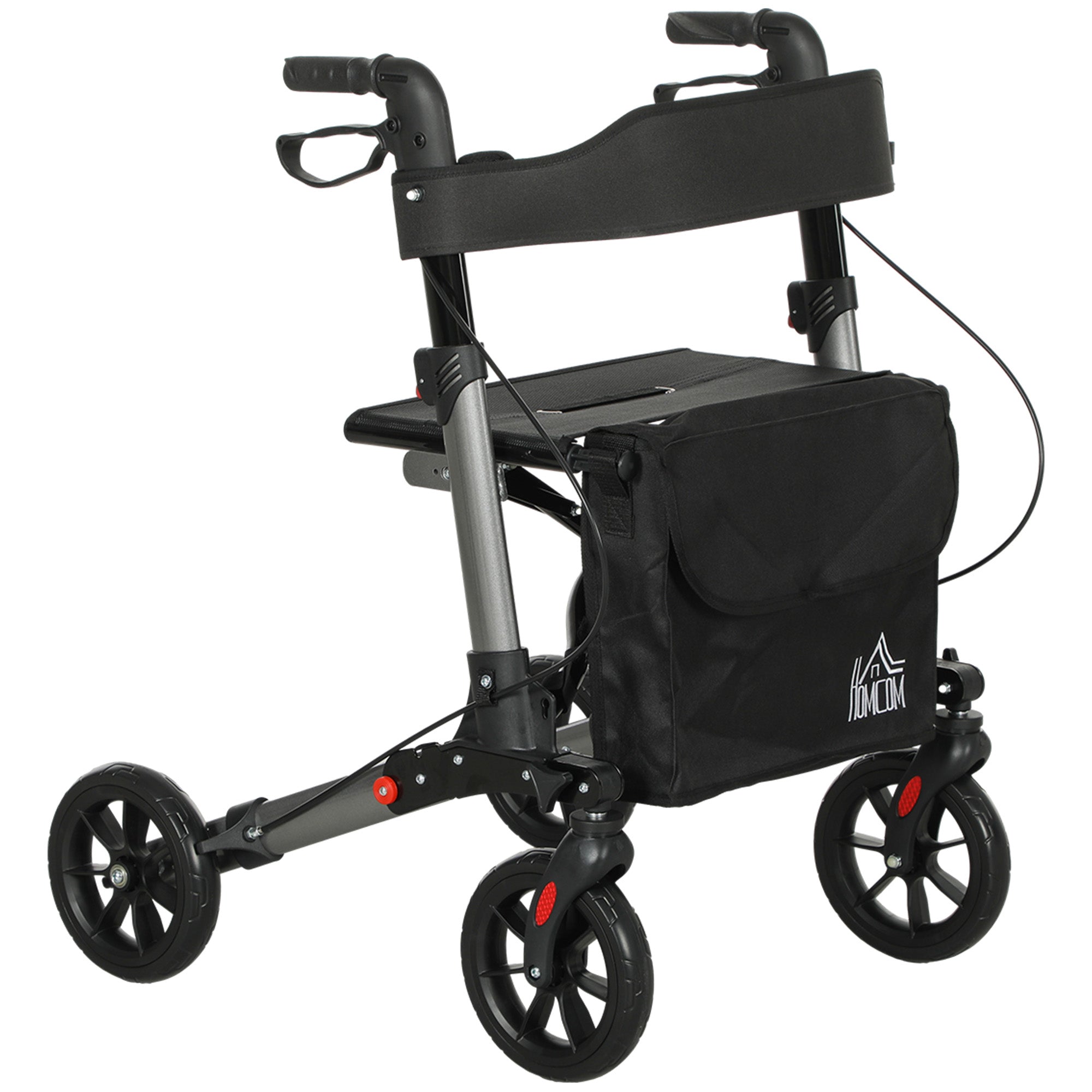 HOMCOM 4 Wheel Rollator with Seat and Back, Folding Mobility Walker with Carry Bag, Adjustable Height, Dual Brakes, Cane Holder, Lightweight Aluminium Walking Frame for Seniors and Disabled, Silver - North Peak Garden Furniture