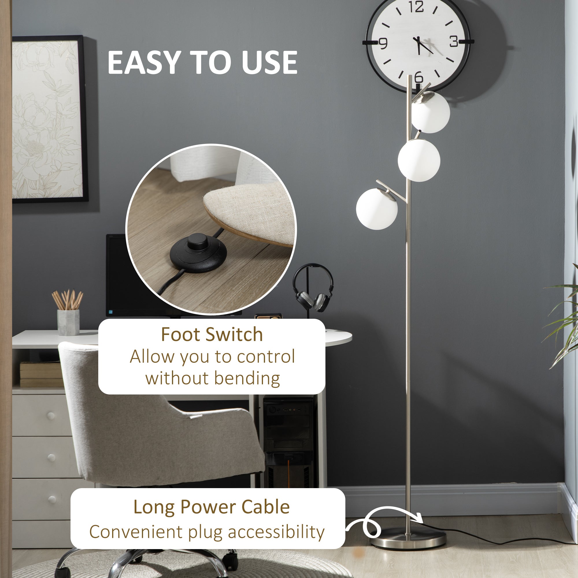 HOMCOM 3-Light Tree Floor Lamps for Living Room, Modern Standing Lamp for Bedroom with Globe Lampshade, Steel Base, Bulb not Included, Silver - North Peak Garden Furniture