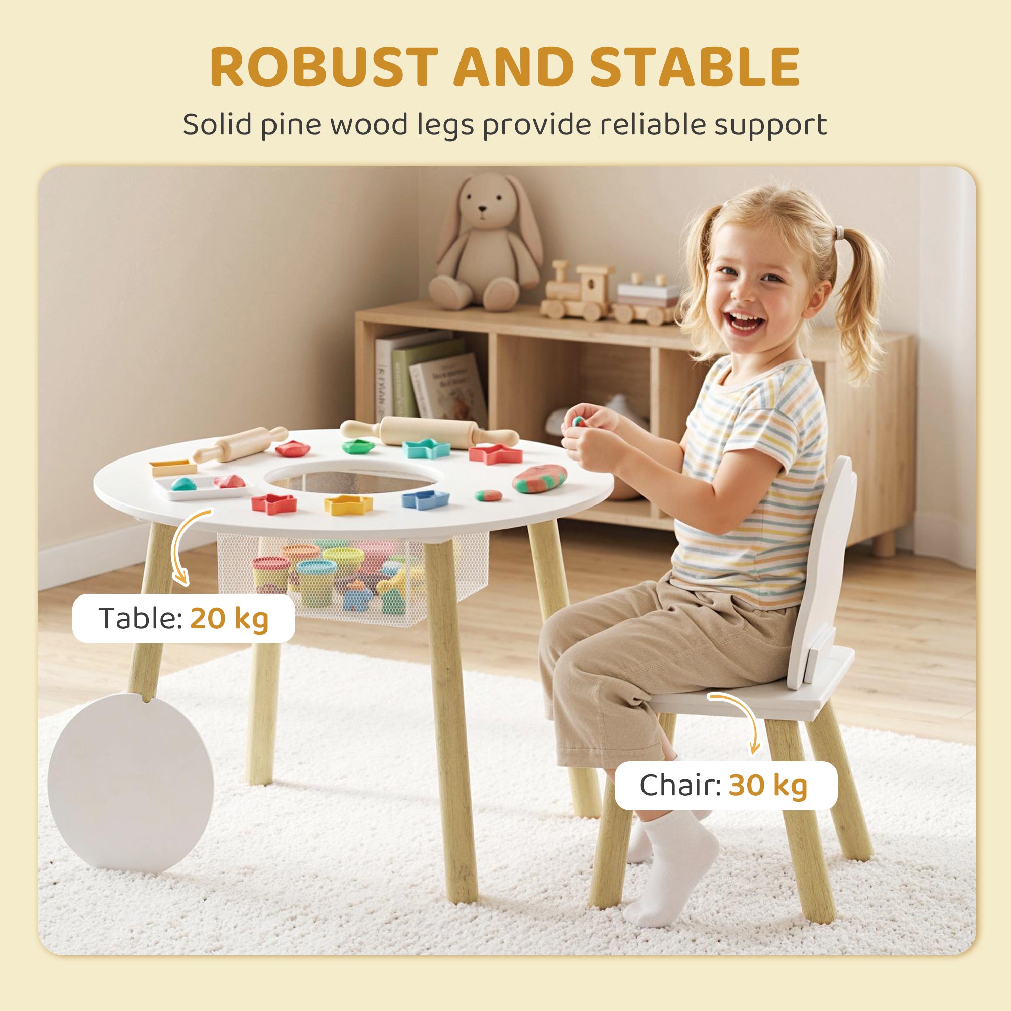 AIYAPLAY Kids Table and Chairs Set with Storage Bag Toddler Table and Chairs Set 3 Piece for Playroom White