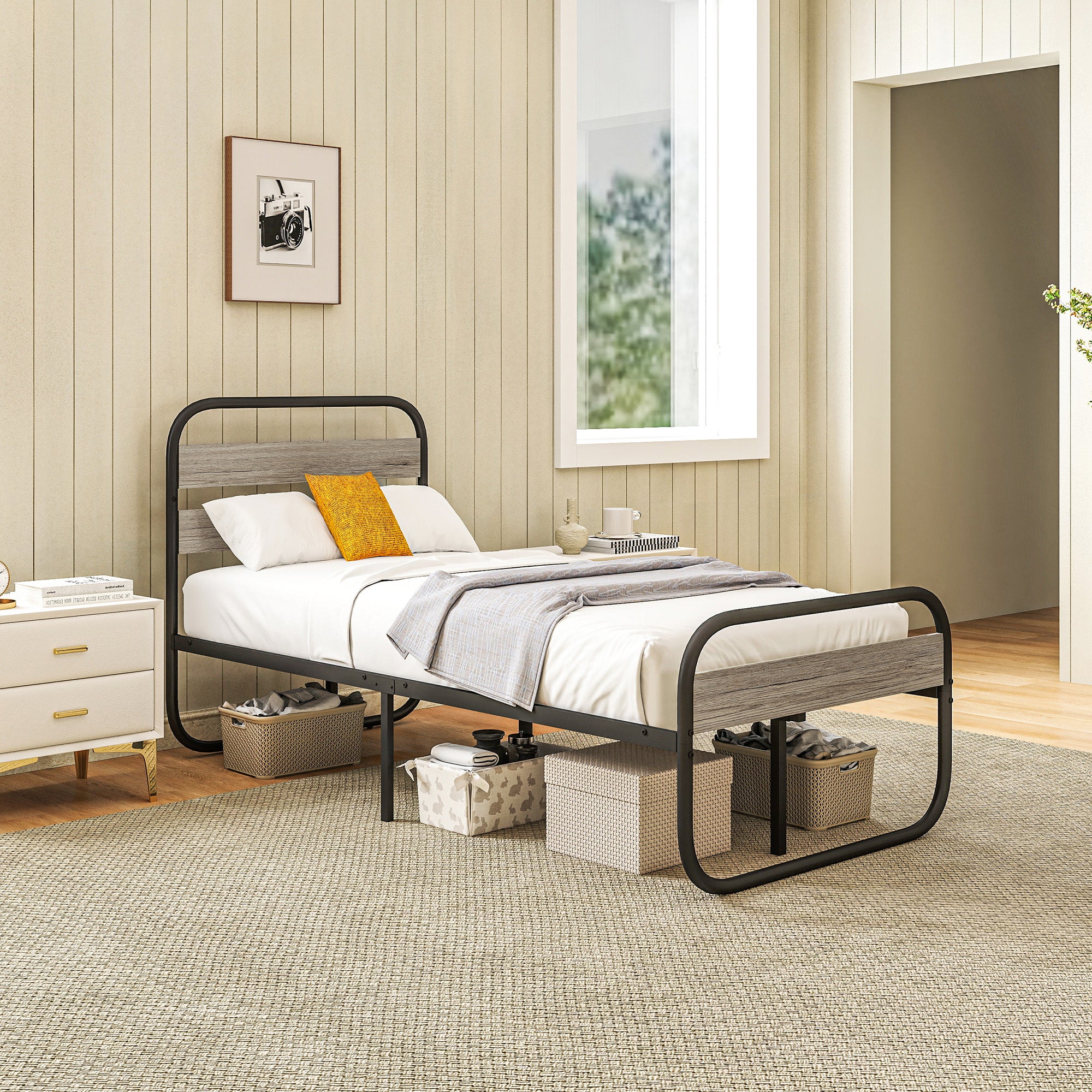 HOMCOM 3ft Single Bed Frame, Industrial Style Metal Platform Bed Frame with Under Bed Storage, No Box Spring Needed, Easy Assembly, Grey - North Peak Garden Furniture
