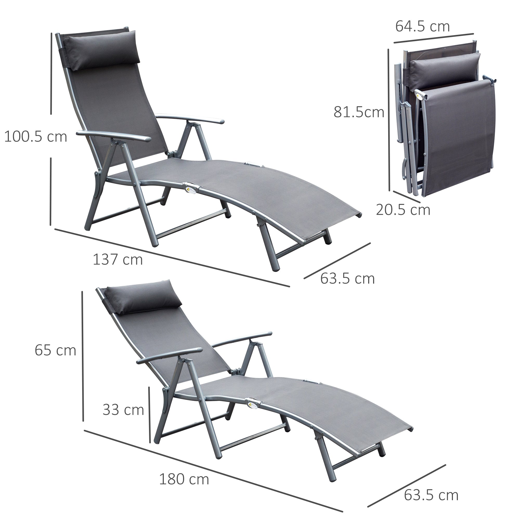 Outsunny Folding Sun Lounger, Texteline Recliner Chair, 5-Level Adjustable Patio Garden, Grey