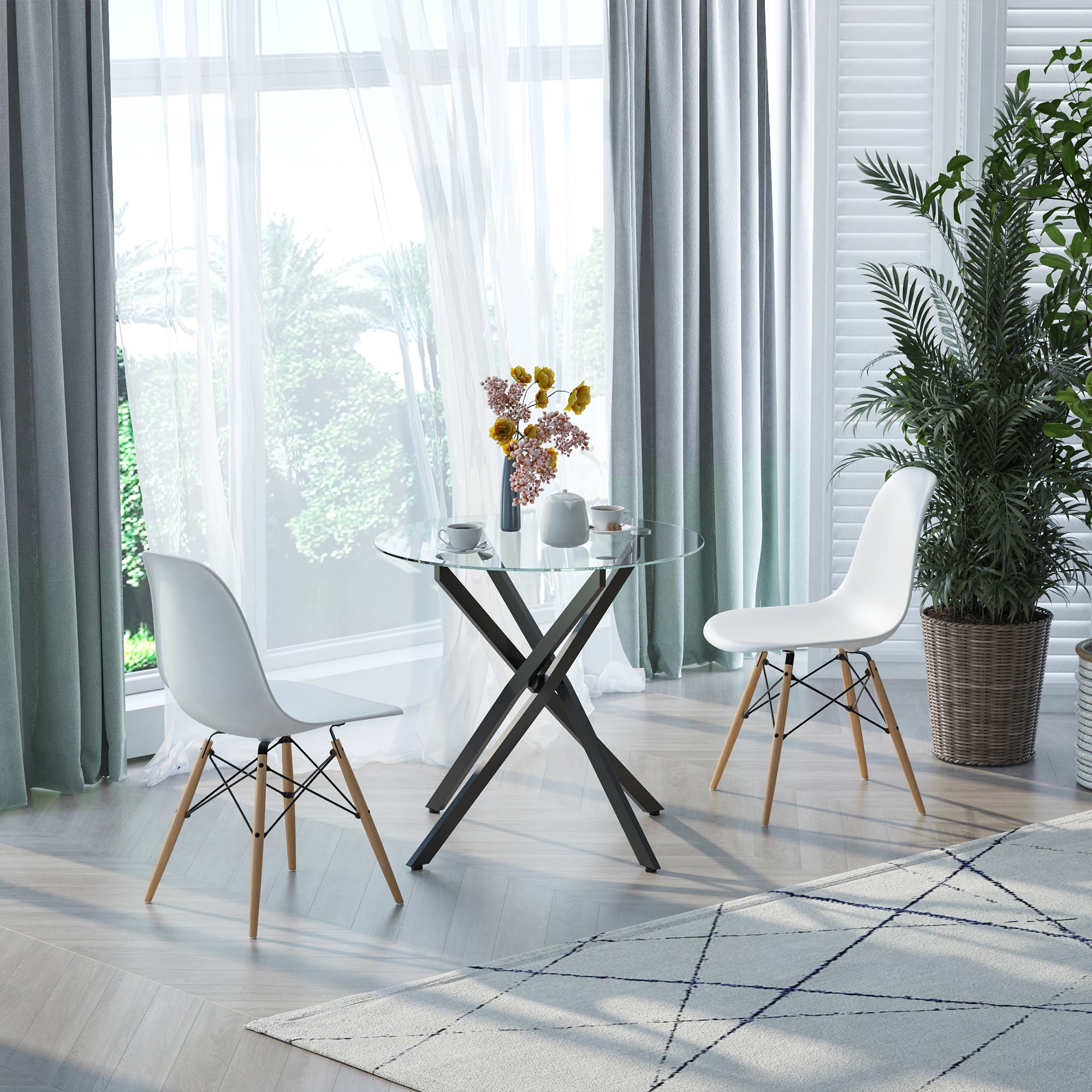 HOMCOM Dining Table with Clear Tempered Glass Top, Round Table with Metal Legs, Modern Kitchen Table for Dining Room Living Room, Black - North Peak Garden Furniture