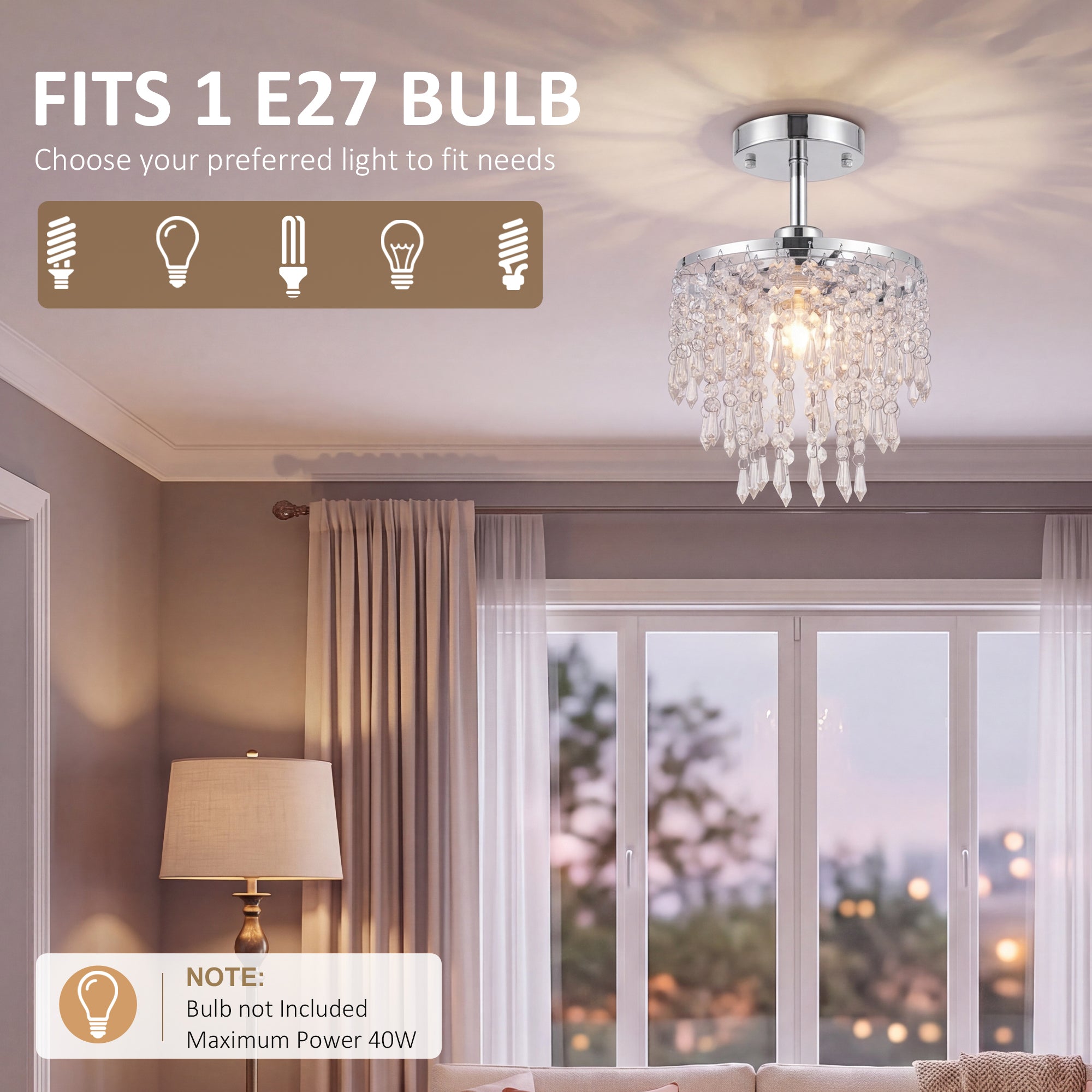 HOMCOM Crystal Ceiling Light with 57 Crystal Strands, Ceiling Light with Mounting Plate for Hallway, Silver Tone
