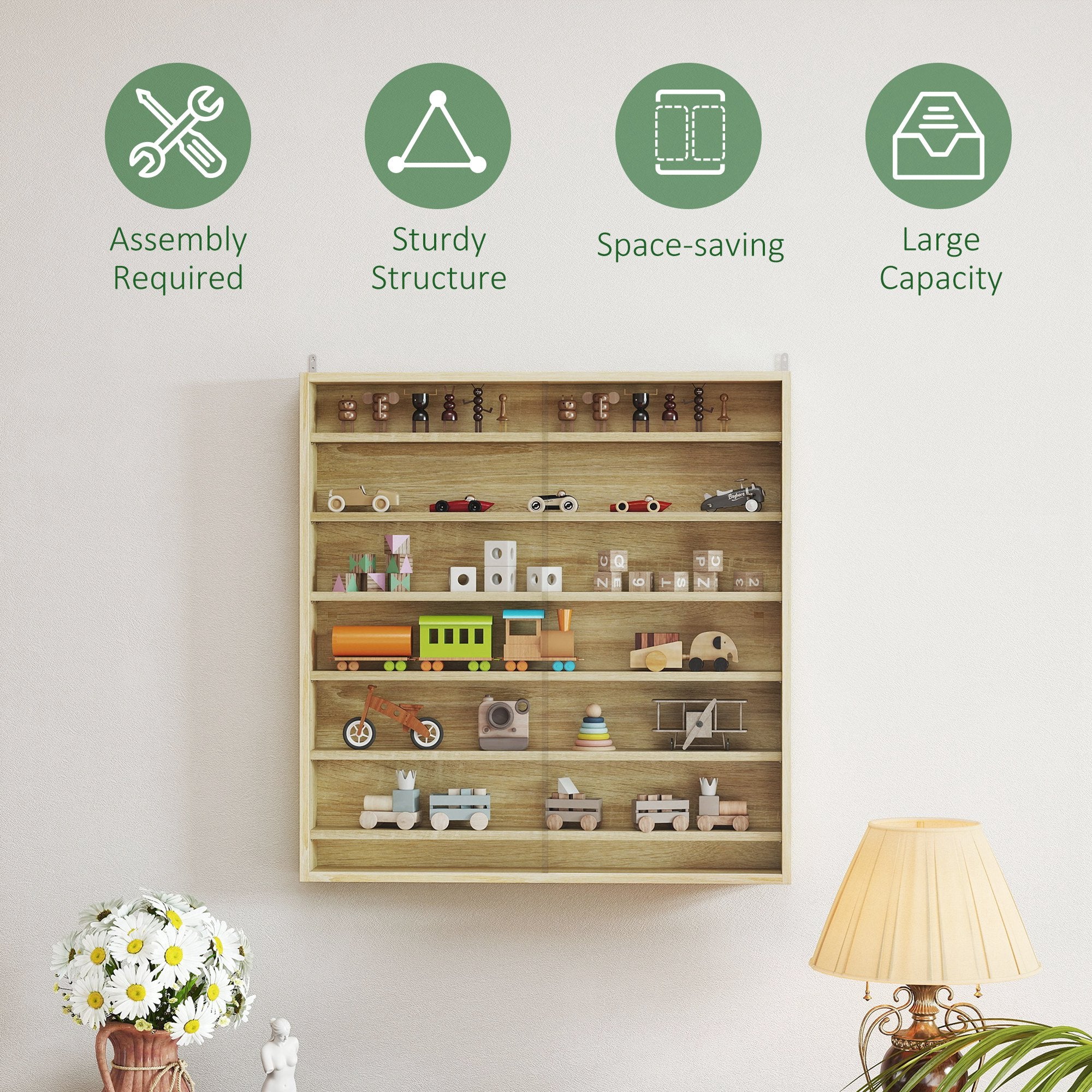HOMCOM Six Shelf Display Cabinet, with Glass Doors - Oak - North Peak Garden Furniture