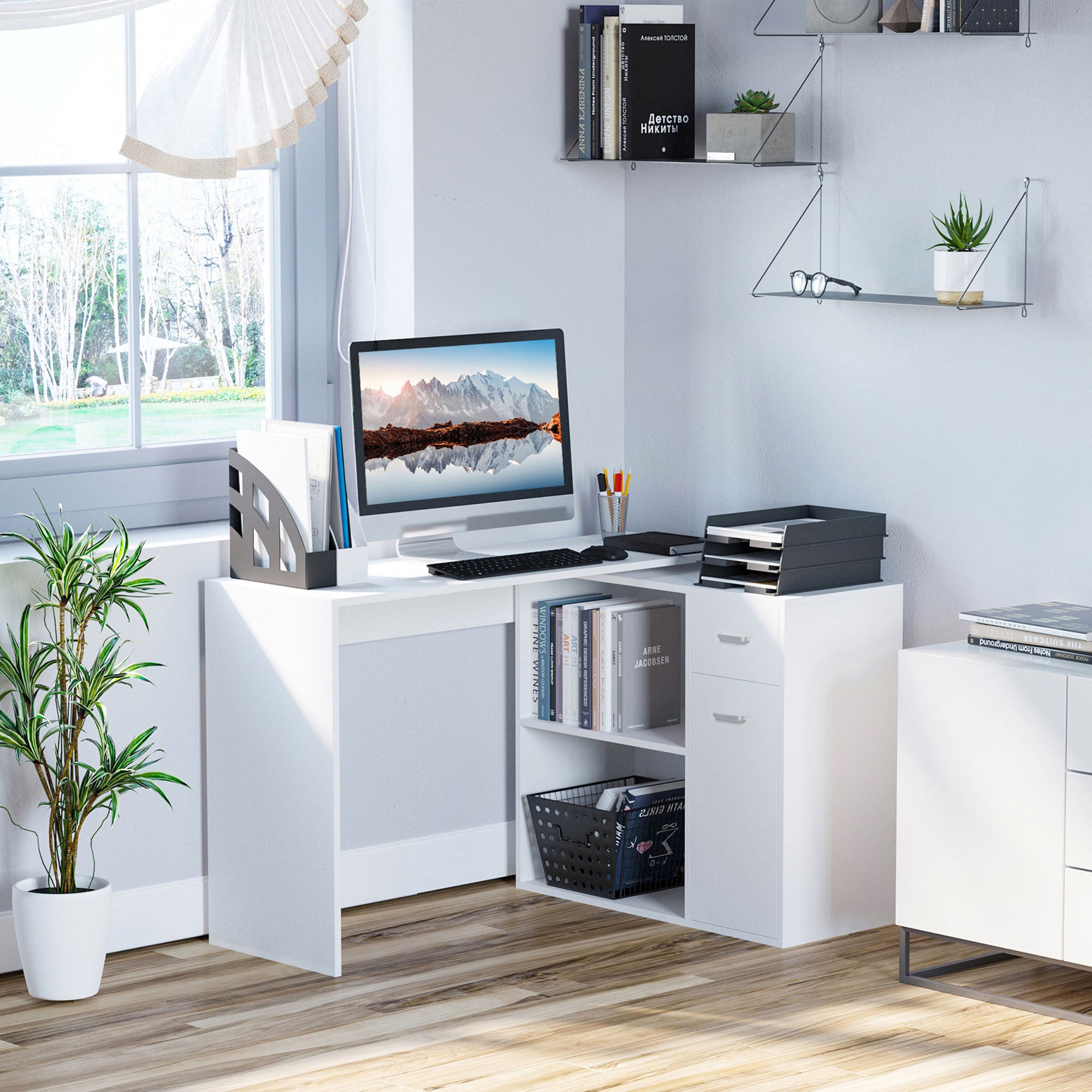 HOMCOM L-Shaped Desk, Corner Computer Desk, Adjustable Study Table with Storage Shelf, Drawer and Cabinet, Workstation for Home Office, White Wood Grain - North Peak Garden Furniture