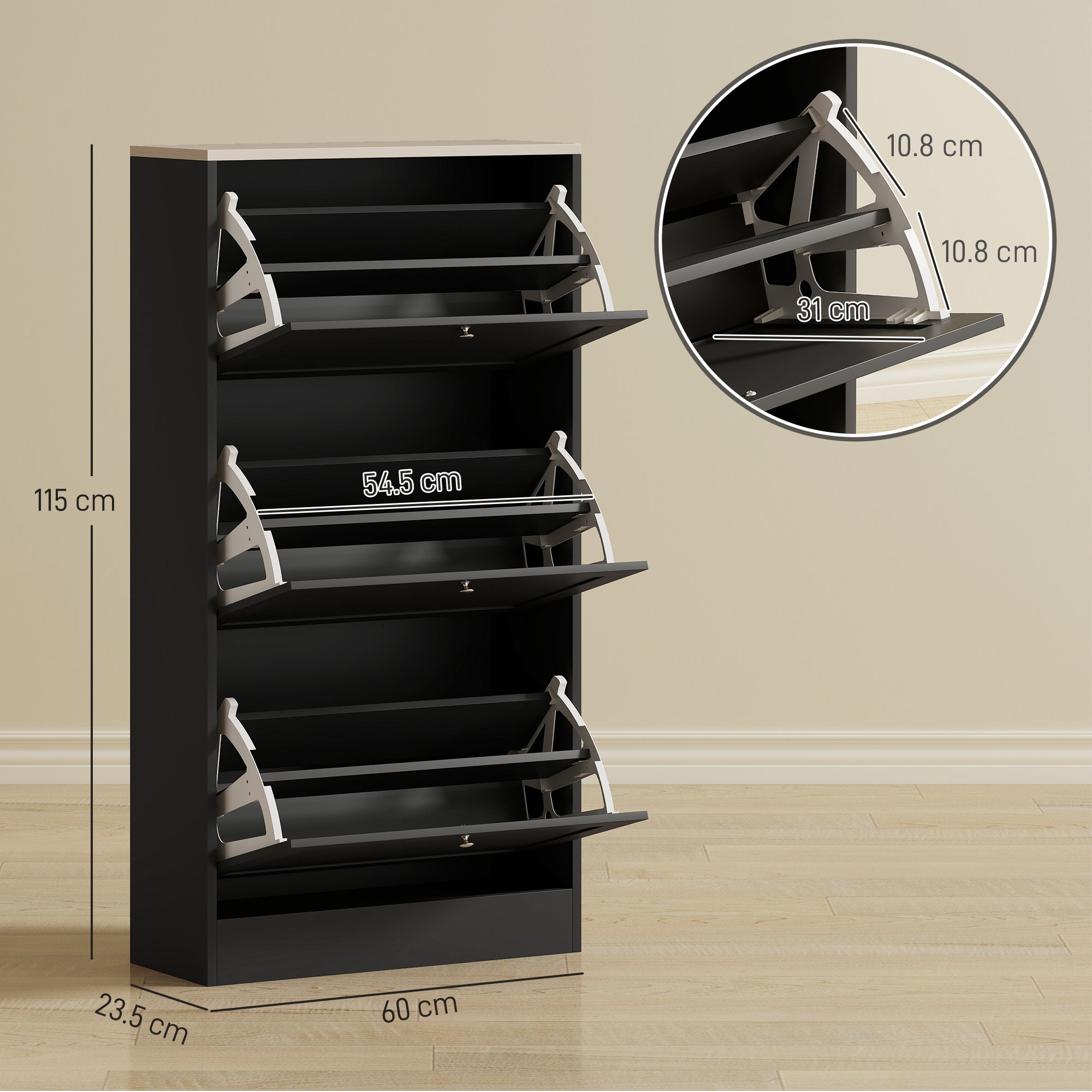HOMCOM Modern Compact Three-Drawer Shoe Storage Cabinet - Black